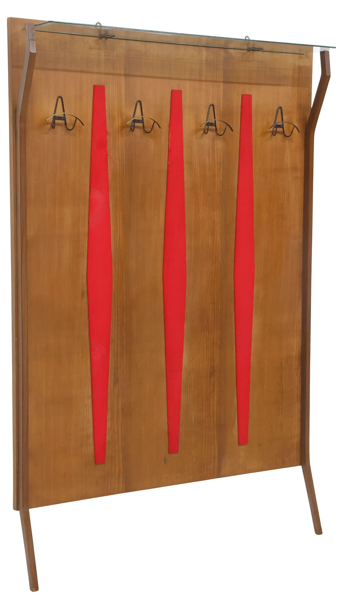 ITALIAN MID-CENTURY MODERN WALNUT & GLASS HALL TREE: Italian mid-century modern teak hall tree, c.1960s, having rectangular glass shelf on protruding supports, over back mounted with convex fabric-lined paneling, issuing four hooks, approx 70"h, 47"w, 5