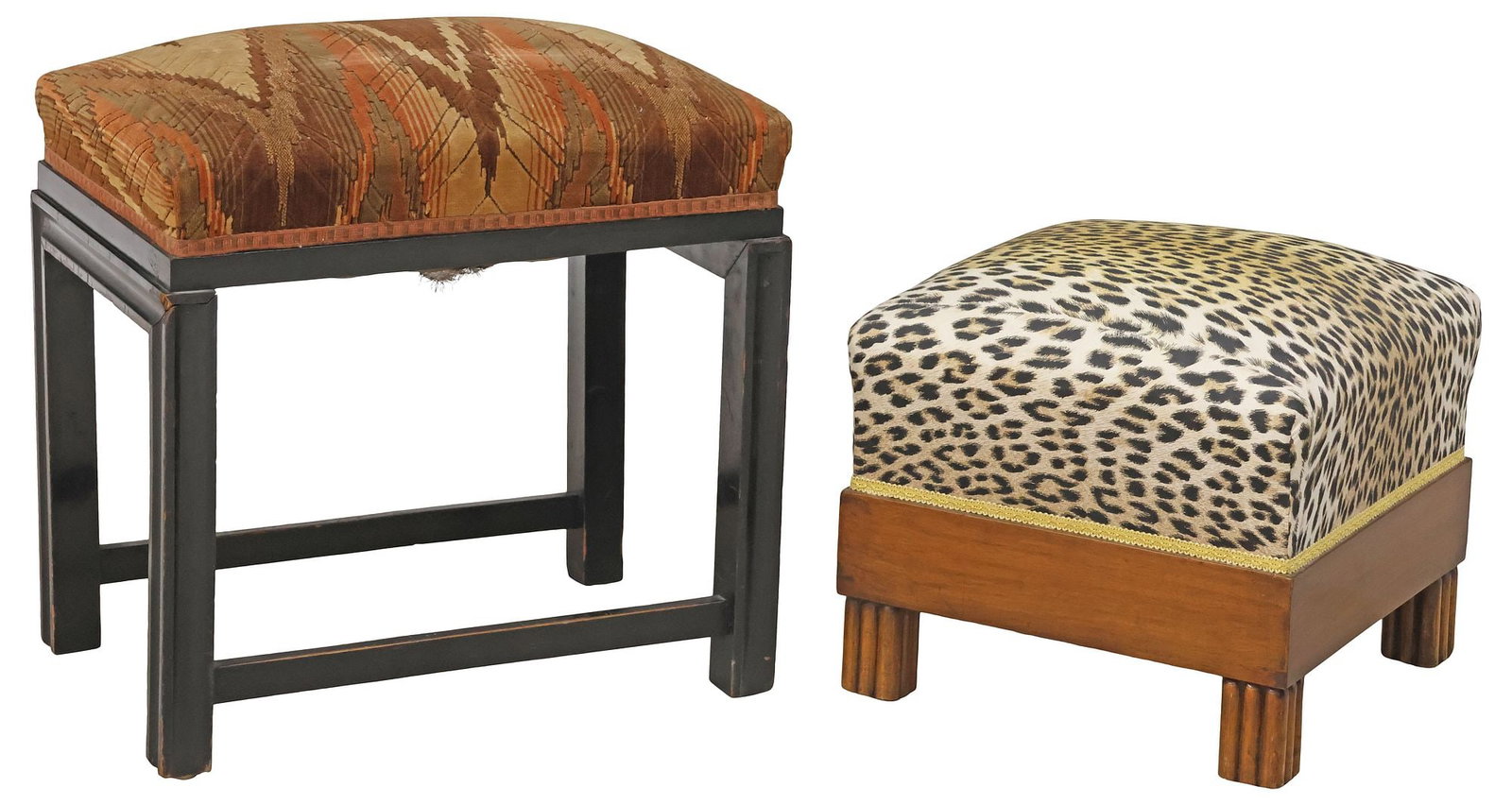 (2) ITALIAN ART DECO UPHOLSTERED OTTOMANS / FOOTSTOOLS: (lot of 2) Italian Art Deco period ottomans/ footstools, c.1930s, including: (1) in animal print upholstery, on fluted feet, approx 13"h, 15"w, 15"d; (1) in multicolored chevron-patterned upholstery, 