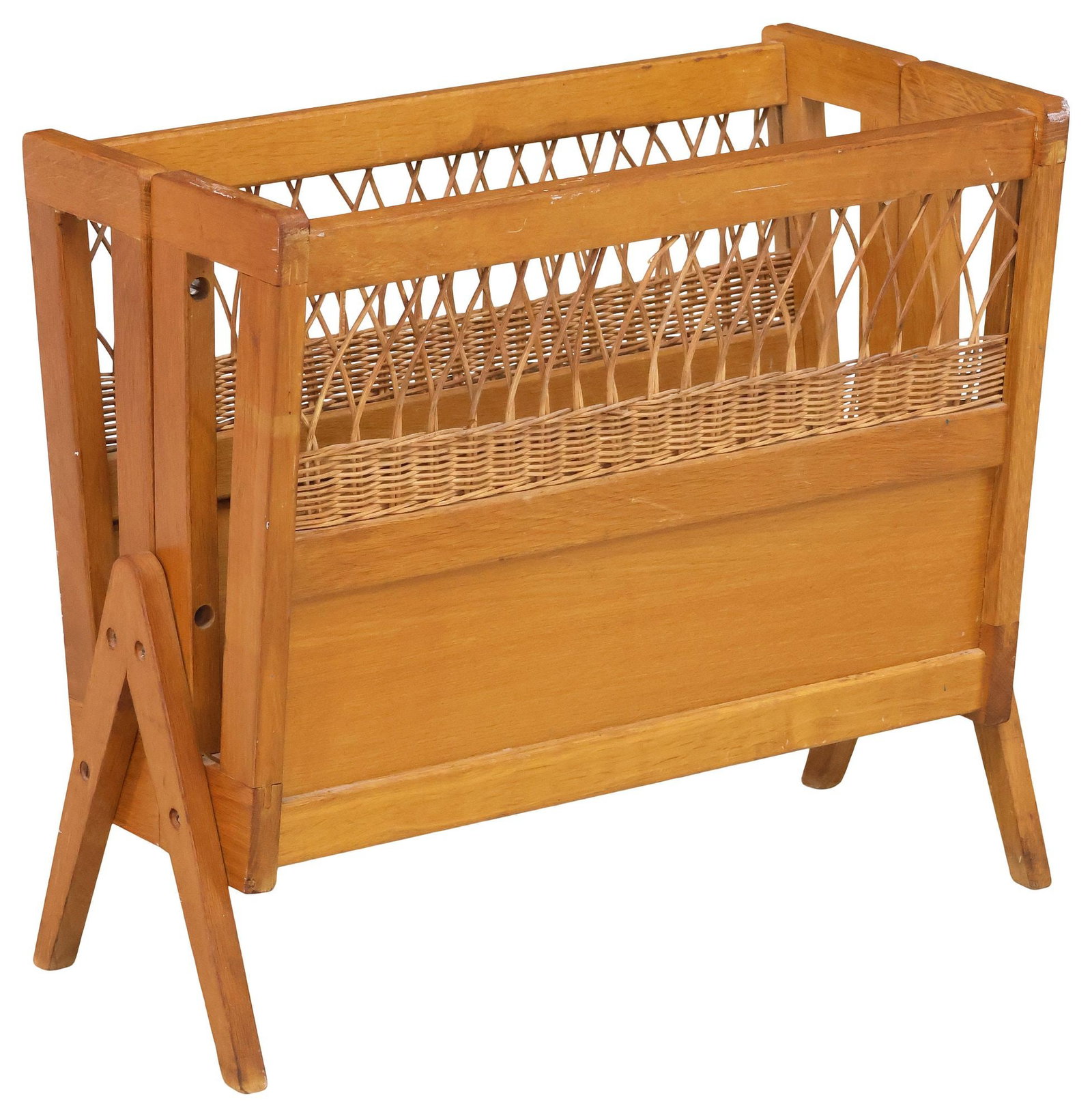 FRENCH MID-CENTURY MODERN OAK & RATTAN MAGAZINE RACK: French mid-century modern oak magazine rack, c.1950s, rectangular frame with woven rattan paneling, on splayed legs, approx 22"h, 25.75"w, 12.25"d