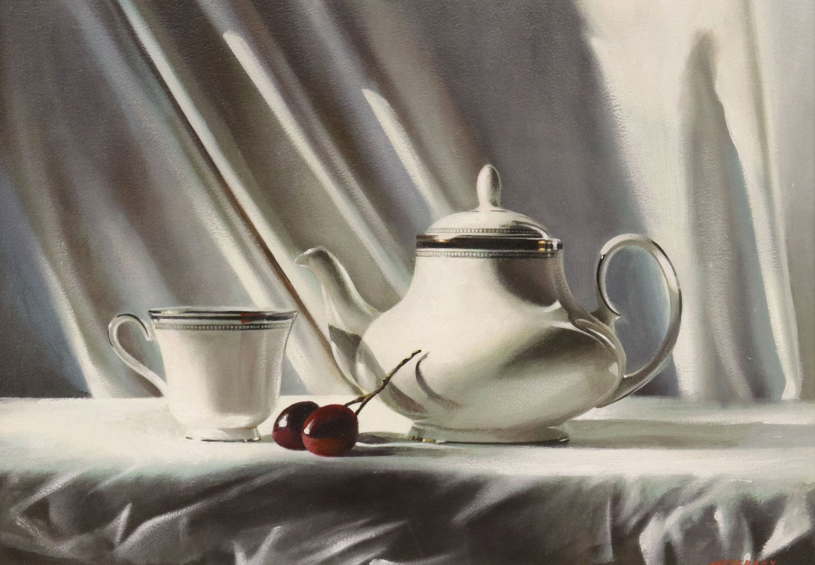 ALEXANDER SHEVERSKY (B.1961) OIL PAINTING, TEA SET & CHERRIES STILL LIFE (1 of 4)