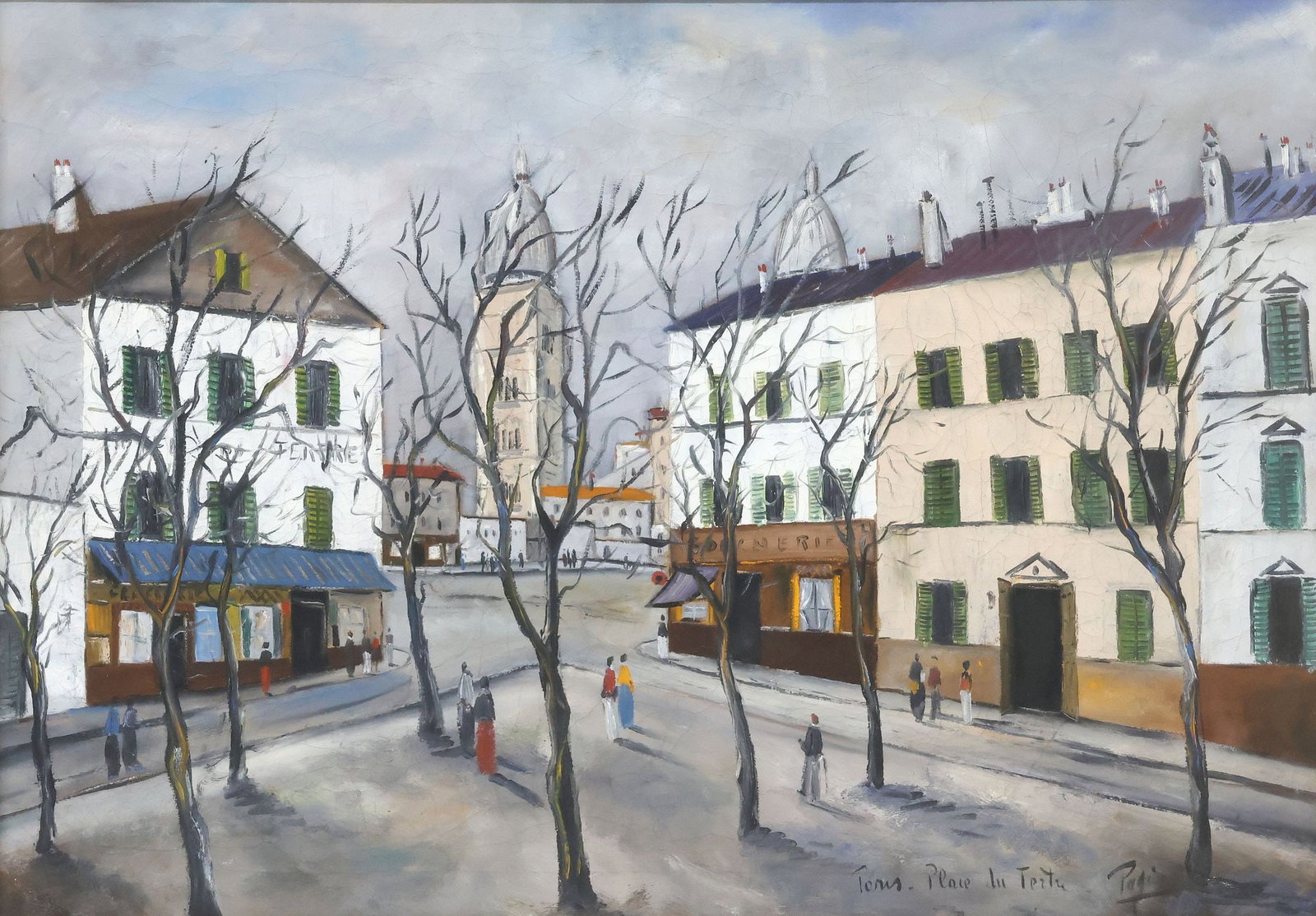GIORGIO PAGI (ITALIAN, B.1912) PAINTING, PARISIAN STREET SCENE, 28" X 39": Framed oil on canvas painting, "Paris, Place du Tertre," signed lower right Pagi (Giorgio Pagi (AKA Giorgio Pasqualucci), Italian, South African, b.1912), titled, encased behind glass, not examined ou