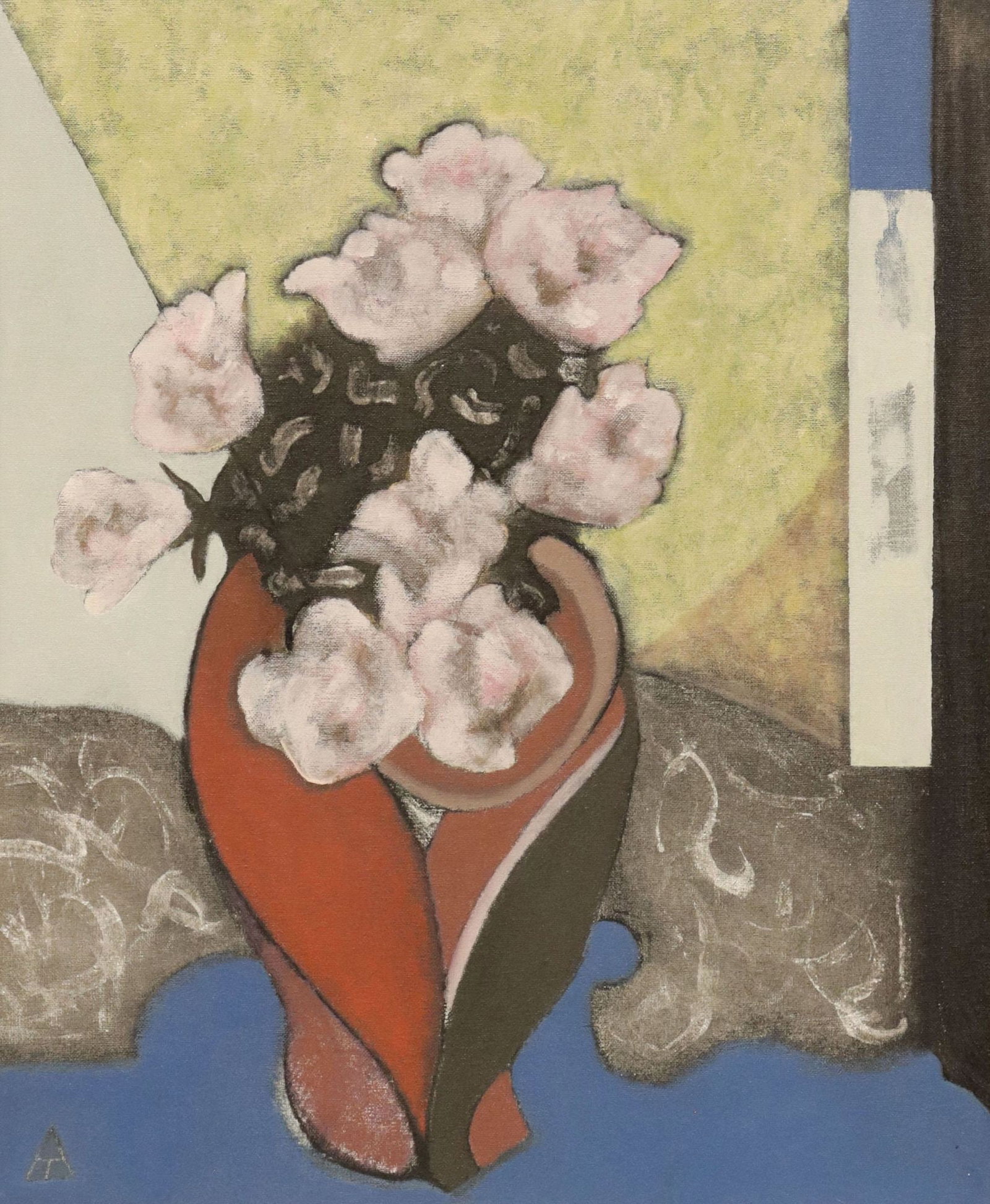 SIGNED OIL PAINTING, STILL LIFE WITH RED VASE & PINK FLOWERS: Framed oil on canvas painting mounted tot board, Still Life with Red Vase and Pink Flowers, initialed lower left, dated [19]95, retaining artist inscription verso, sight: approx 23.25"h, 17.25"w, over