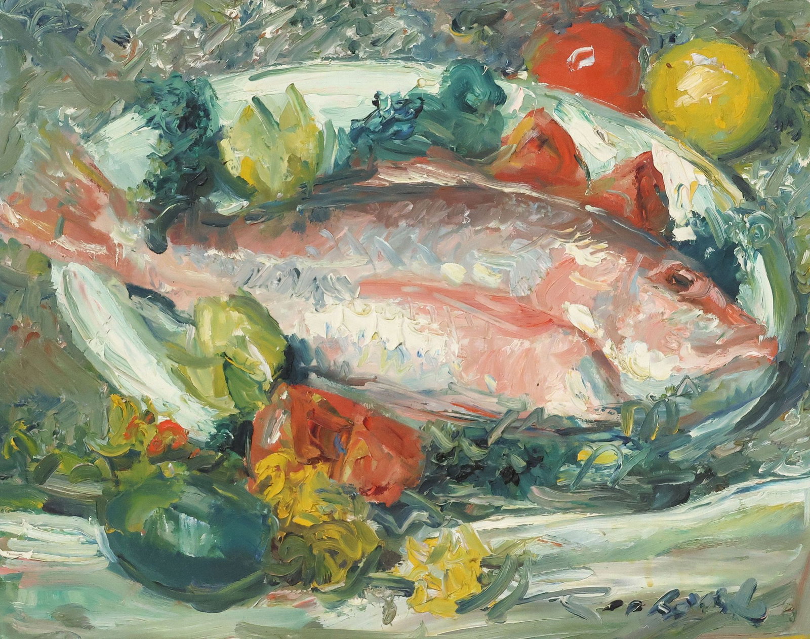 CHARLES RICHARDS (AMERICAN, 1906-1992) PAINTING, STILL LIFE WITH FISH: Framed oil on Masonite painting, Still Life with Fish on Plate, signed lower right Richards (Charles Whitfield Richards, American, 1906-1992), sight: approx 15.5"h, 19.5"w, overall: approx 21.5"h, 25.