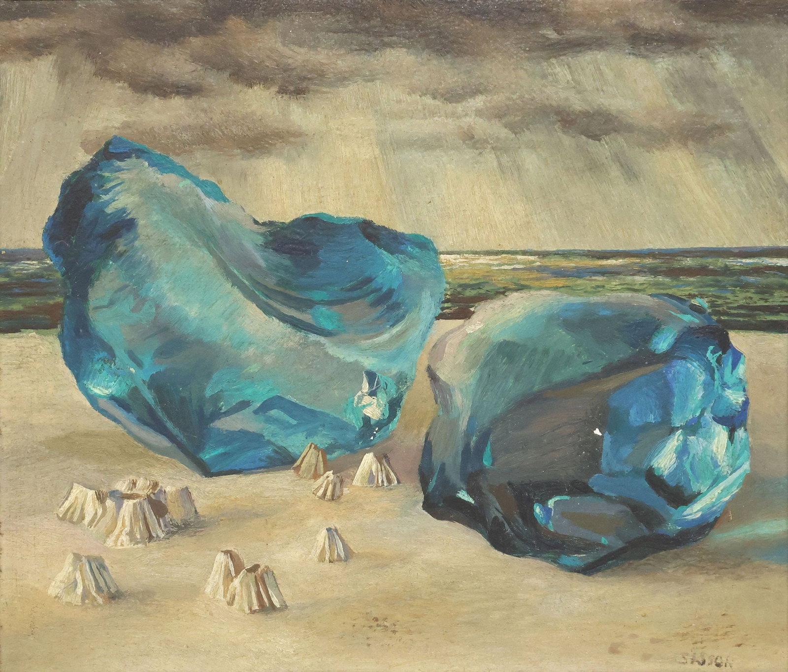 FREDRICK SISSON (AMERICAN, 1893-1962) PAINTING, SEA GLASS & BARNACLES: Framed oil on Masonite painting, Sea Glass and Barnacles, signed lower right Sisson (Fredrick Rhodes Sisson, American, 1893-1962), pencil inscription verso "Fredrick R. Sission, Rhode Island School of