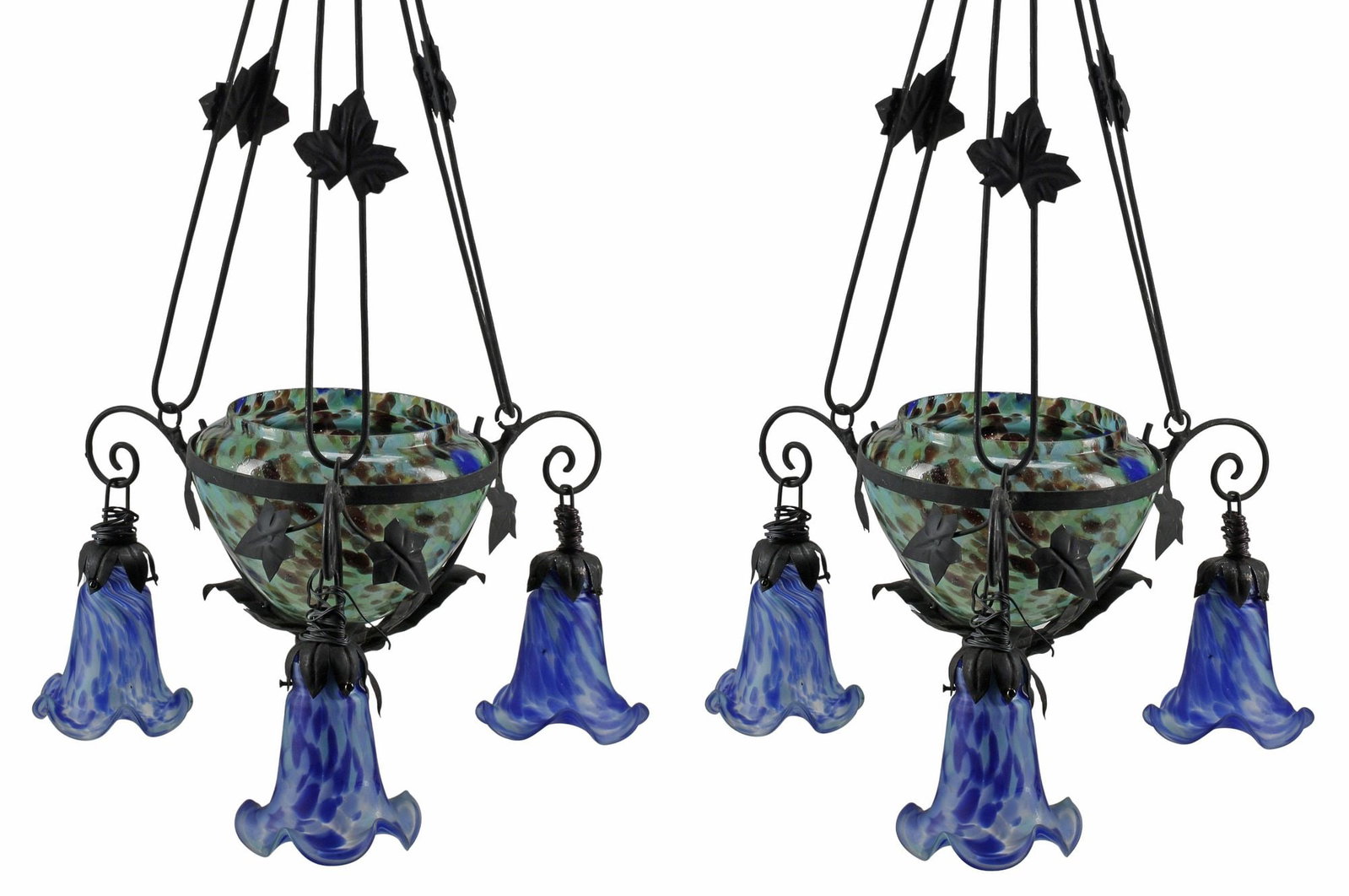 (2) ART NOUVEAU STYLE WROUGHT IRON & BLUE ART GLASS 3-LT CHANDELIERS (1 of 6)