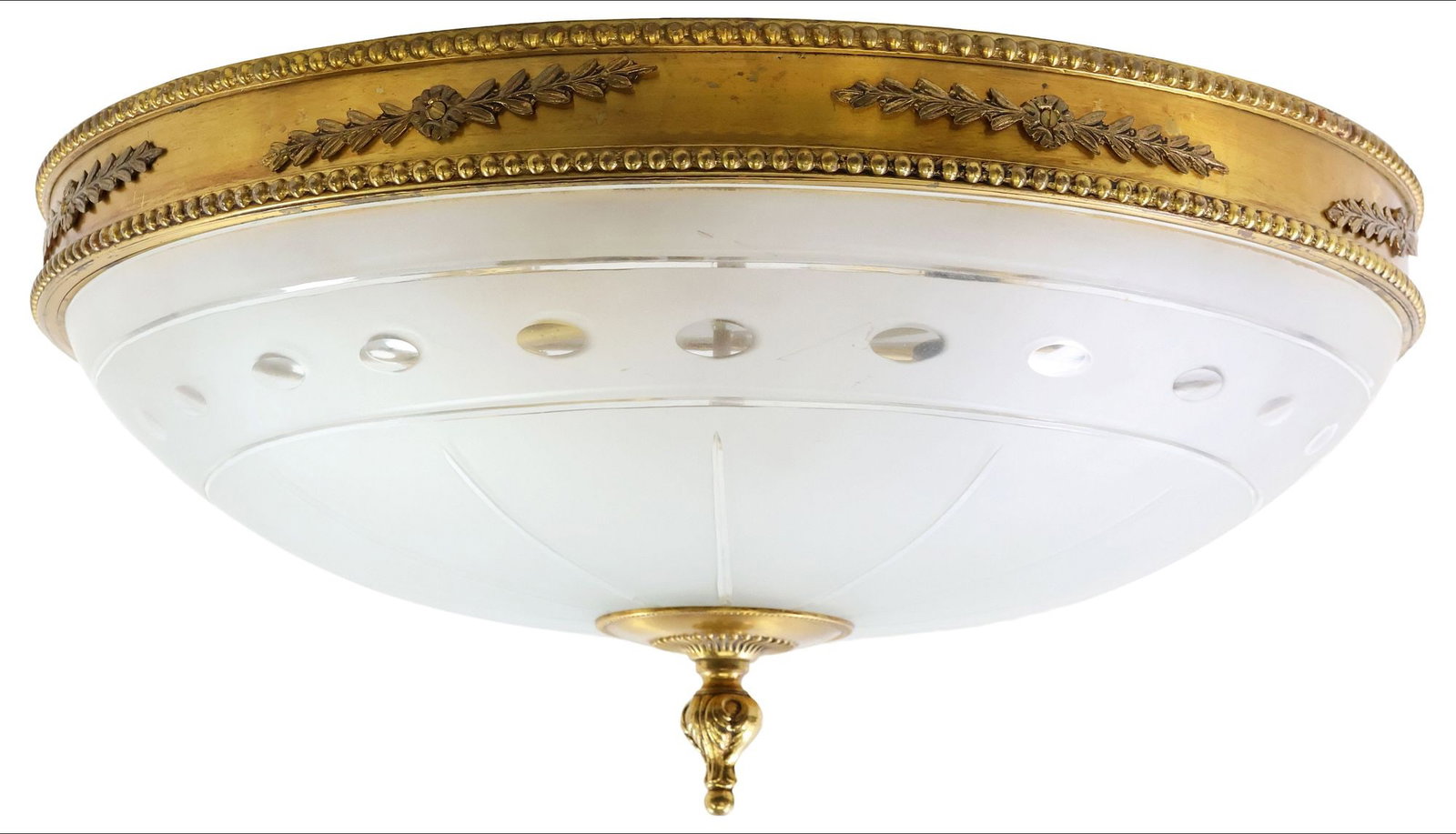HOLLYWOOD REGENCY STYLE DOMED GILT-METAL & GLASS FLUSH-MOUNT CEILING LIGHT: Hollywood Regency style flush-mount ceiling light, 21st c., circular gilt-metal frame with beaded trim and floral motifs, frosted glass dome centering foliate finial, equipped with U.S. wiring, operat