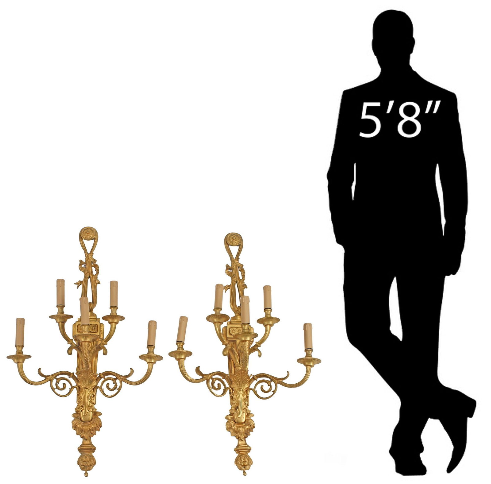 (2) LARGE LOUIS XV STYLE ORMOLU 5-LIGHT WALL SCONCES, 34"H: (pair) Large Louis XV style bronze dore five-light wall sconces, each having floral rosette and ribbon finial, above five scrolled arms, terminating on faux candles, in need of wiring, approx 34"h, 19