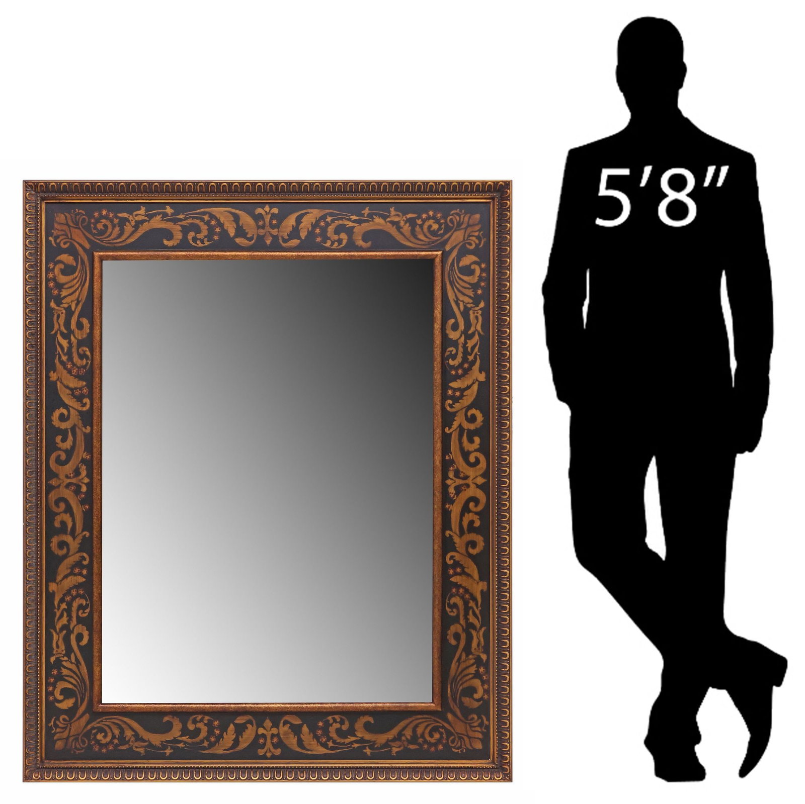 LARGE DESIGNER JOHN RICHARD PAINT-DECORATED WALL MIRROR, 53.75"H: Parcel-gilt and paint-decorated wall mirror, John Richard, late 20th c., fleur de lis and scrolling faux-marquetry frame, with lobed trim, encasing beveled mirror plate, retaining maker label verso, a