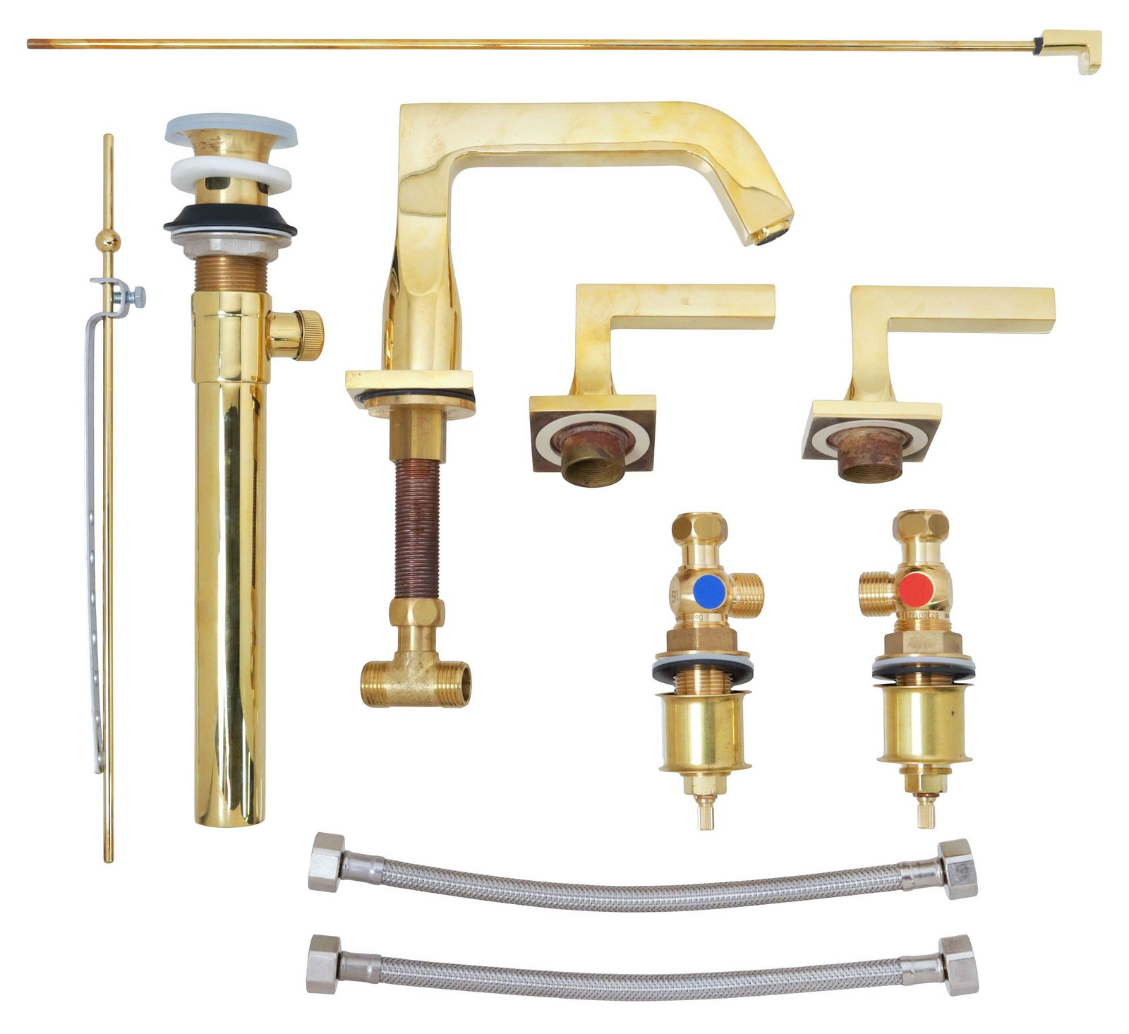 (LOT) DESIGNER THG PARIS 'BELUGA' GILT-METAL LEVER FAUCET SET: (lot) Designer modern gilt-metal "Beluga" faucet set, THG Paris, 20th/ 21st c., a deck-mount lever faucet set with various plumbing fixtures, marked to drain plug, accompanied by cleaning guide, house