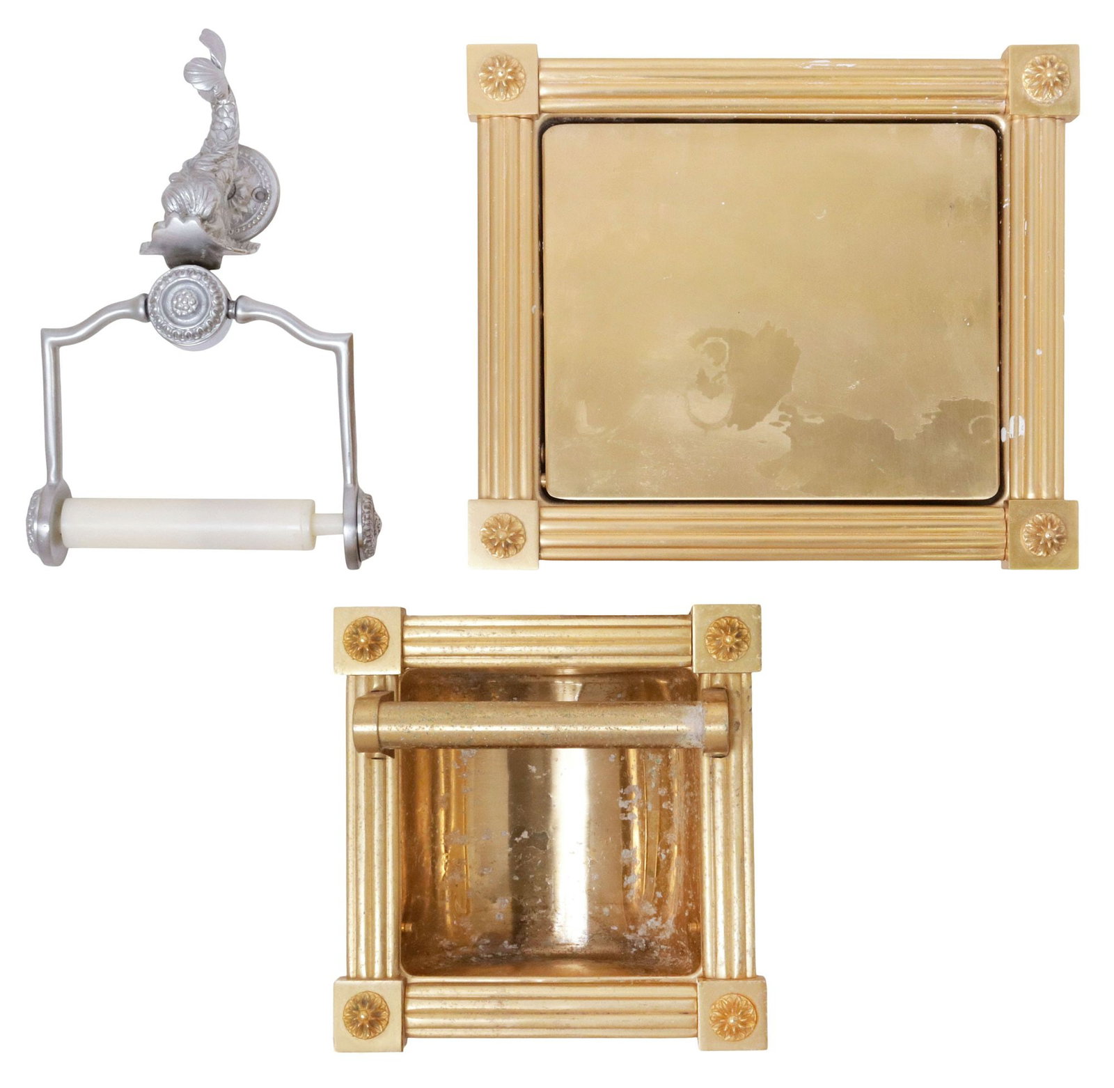 (3) DESIGNER SHERLE WAGNER (ATTRIB.) GILT & SILVER-TONED METAL BATHROOM ITEMS: (lot of 3) Designer bathroom accessories, attributed to Sherle Wagner International, 20th/ 21st c., including: (1) silver toned metal "Dolphin" wall-mounted toilet paper holder, approx 10.5"h, 6.5"w, 