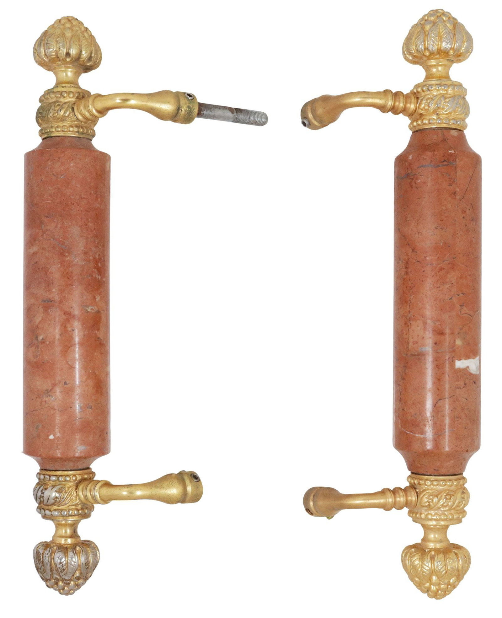 (PAIR) PALATIAL SHERLE WAGNER (ATTRIB.) GILT-METAL & STONE DOOR HANDLES: (pair) Neoclassical style gilt-metal and stone door pulls, attributed to Sherle Wagner International, 21st c., either end of stone-clad grip bar terminating at berry-form finial with beaded and foliat