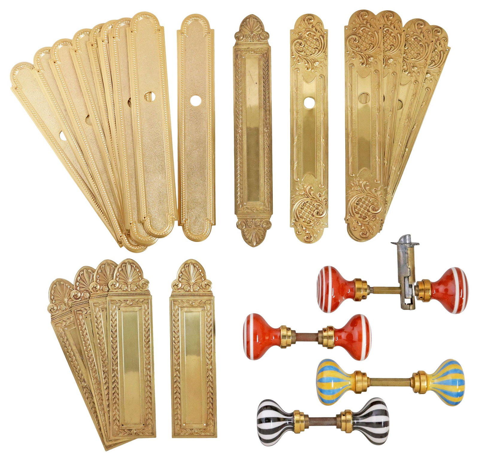 (LOT) FRENCH STYLE METAL DOOR BACKPLATES, PUSH PLATES, & CERAMIC KNOBS: (lot) Collection of metal and ceramic door hardware, varied patterns designs and uses, including: (fifteen) Neoclassical style back plates, sand-blasted texture and beaded trim, approx 11.75"l, 2