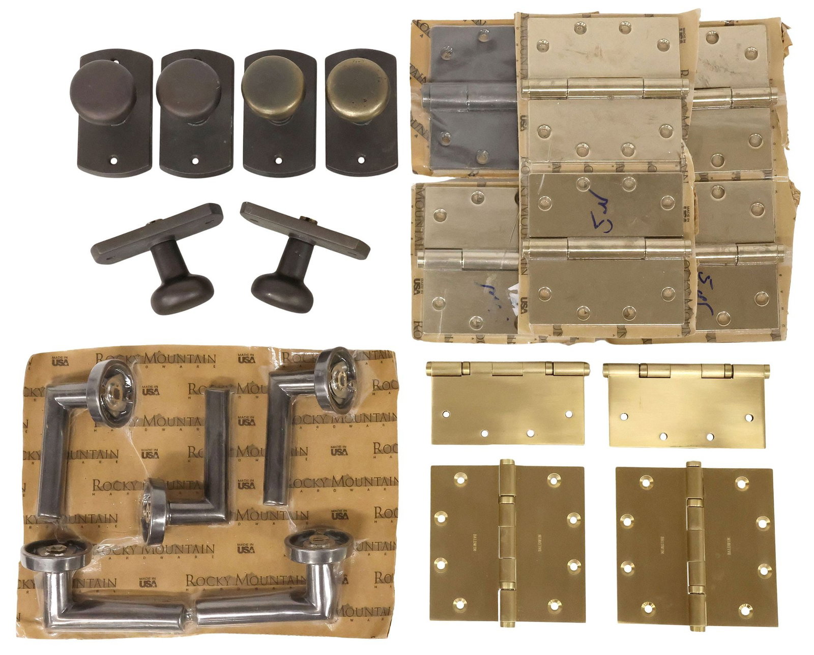 (21) COLLECTION ROCKY MOUNTAIN DOOR HARDWARE: KNOBS, HINGES, LEVERS: (lot of 21) Large collection of architectural furniture door hardware, Rocky Mountain, 21st c., in various finishes, some sealed in original packaging on branded cardboard, highlights include: (10) ar