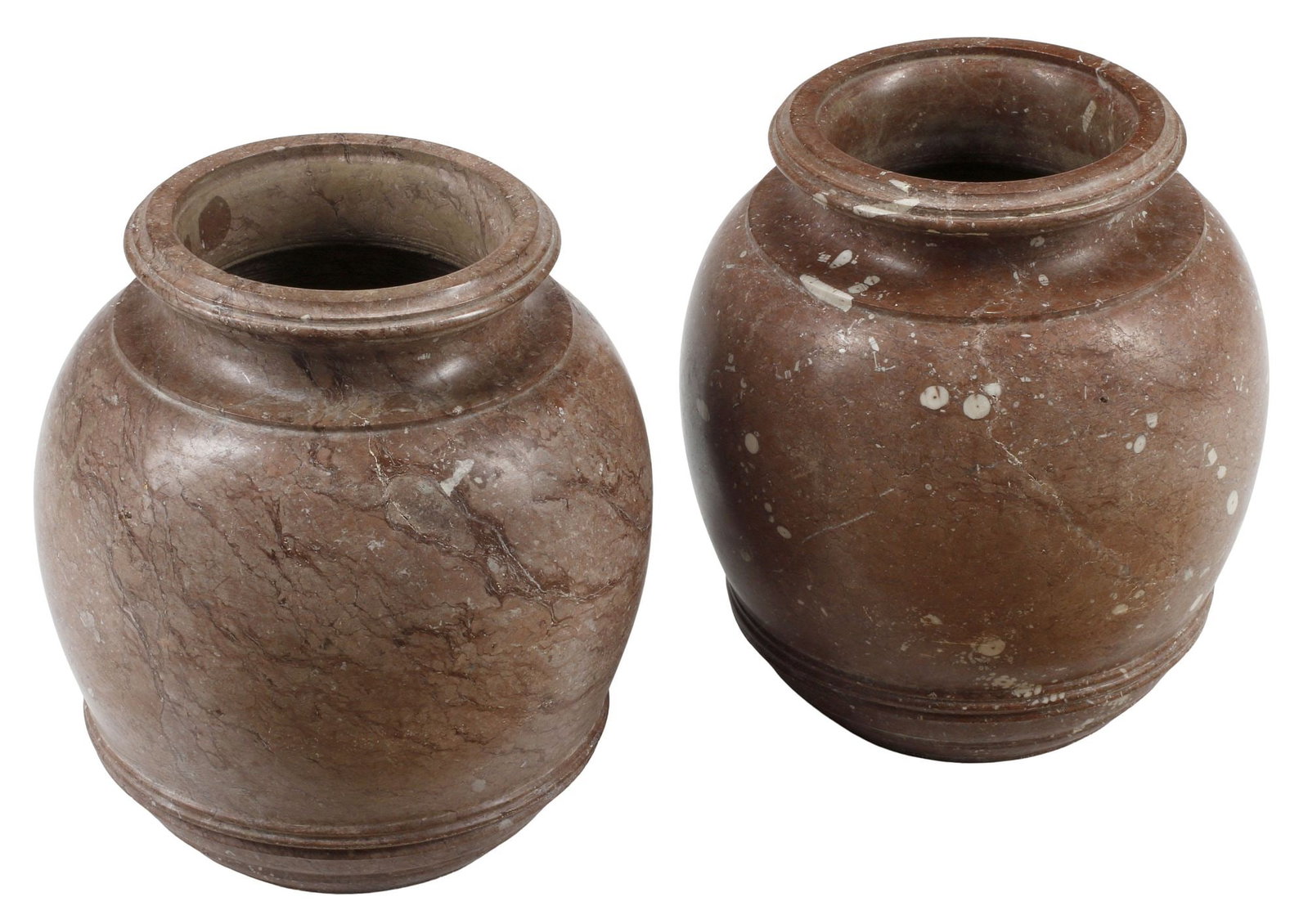 (2) ART MODERNE CARVED MARBLE URNS: (pair) Art Moderne carved marble vessels, with concentric registers of raised ribbing, lacking bases, approx 12.5"h, 10"diam, 79.5lbs total