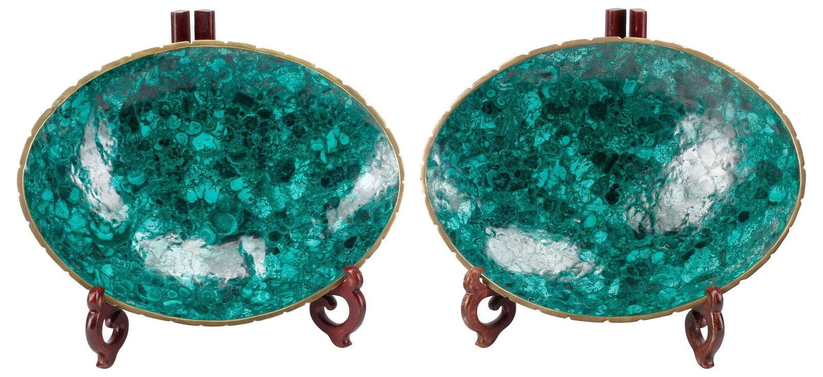 (2) LARGE BRONZE-MOUNTED MALACHITE BOWLS, 16.5"W: (pair) Bronze-mounted malachite centerpiece bowls, each with scalloped rim, approx 3"h, 16.5"w, 12.5"d, 10.75lbs total **Note: display stands not included in sale**