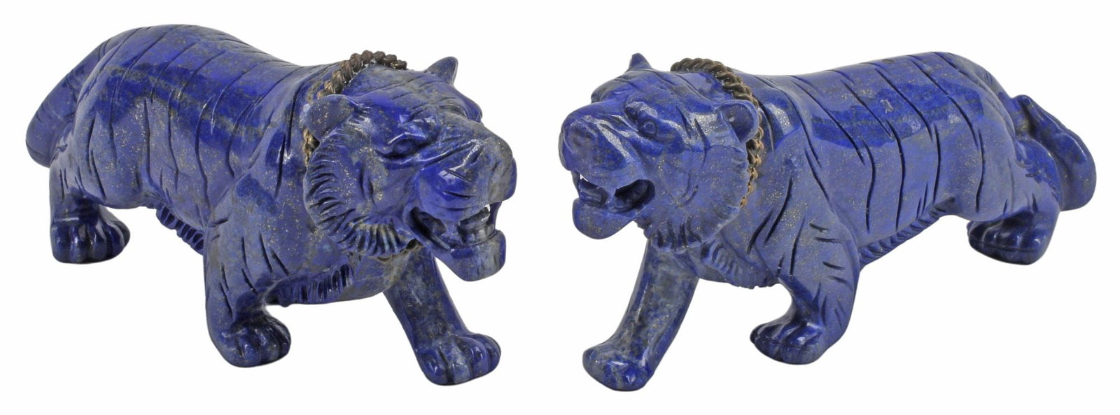 (2) CARVED LAPIS LAZULI WILDLIFE SCULPTURES, WALKING TIGERS: (pair) Carved lapis lazuli wildlife figures, Tigers, each in a walking pose with chain collar, approx 3"h, 2"w, 7"d, 3lbs total