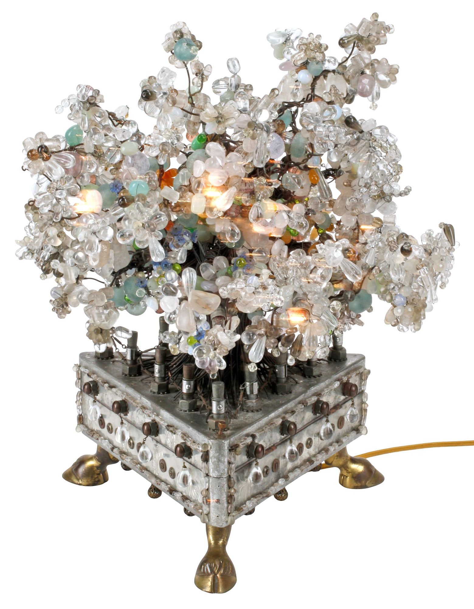 UNUSUAL ROCK CRYSTAL-ENCRUSTED TRIANGULAR TABLE LAMP ON HOOF FEET (1 of 7)