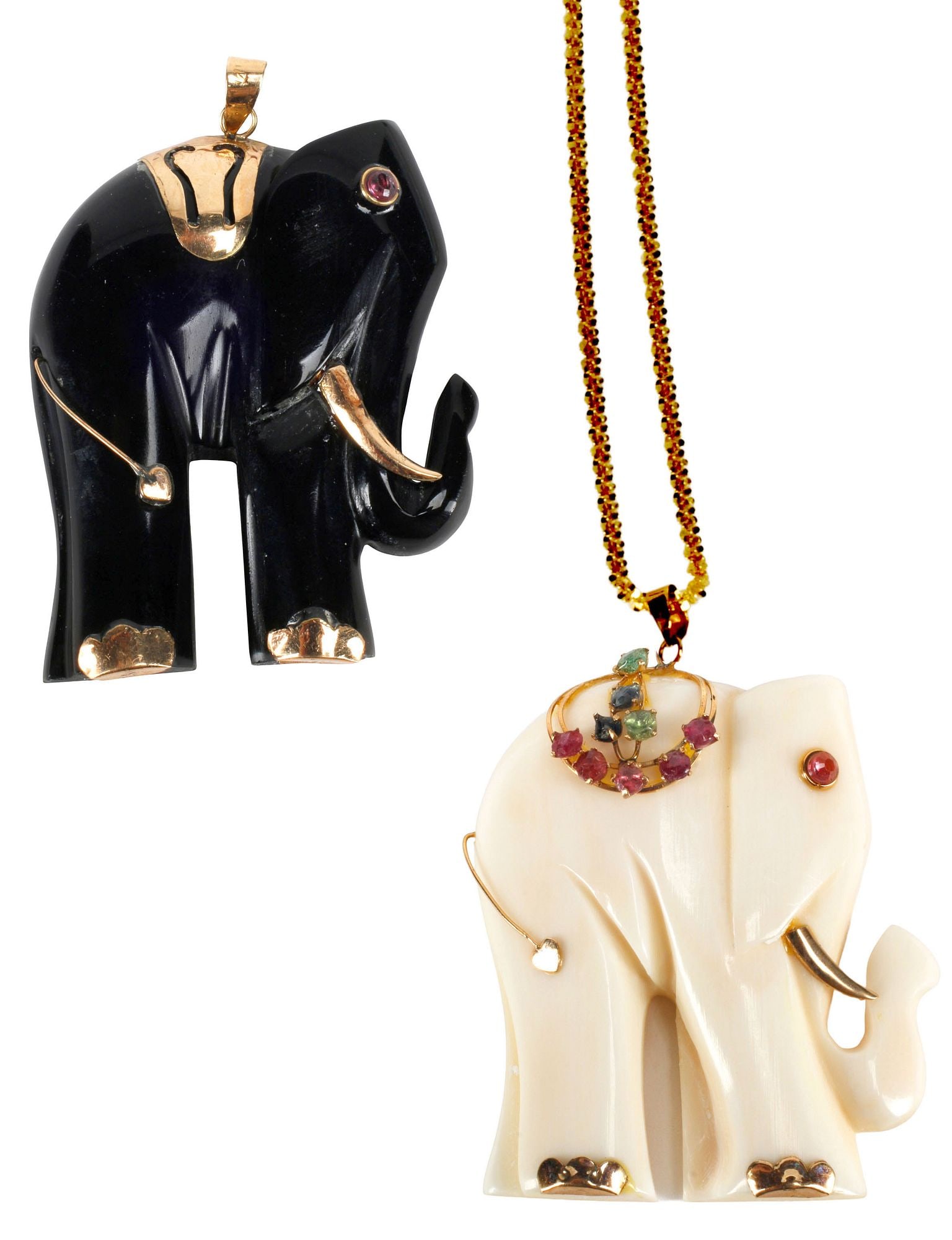 (3) ESTATE 14KT YELLOW GOLD CHAIN & 2 CARVED GEMSET ELEPHANT PENDANTS: (lot of 3) Estate 14kt yellow gold jewelry group, including: (2) carved elephant pendants, with gold mounts and faceted semiprecious stone accents, hallmarked 14K and 585 at top, approx 1.75"h, 1.25"w