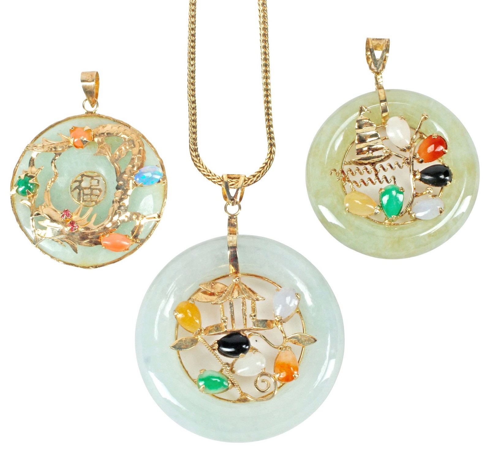 (4) ESTATE ITALIAN 14KT GOLD CHAIN & (3) CHINESE JADE / HARDSTONE PENDANTS (1 of 5)