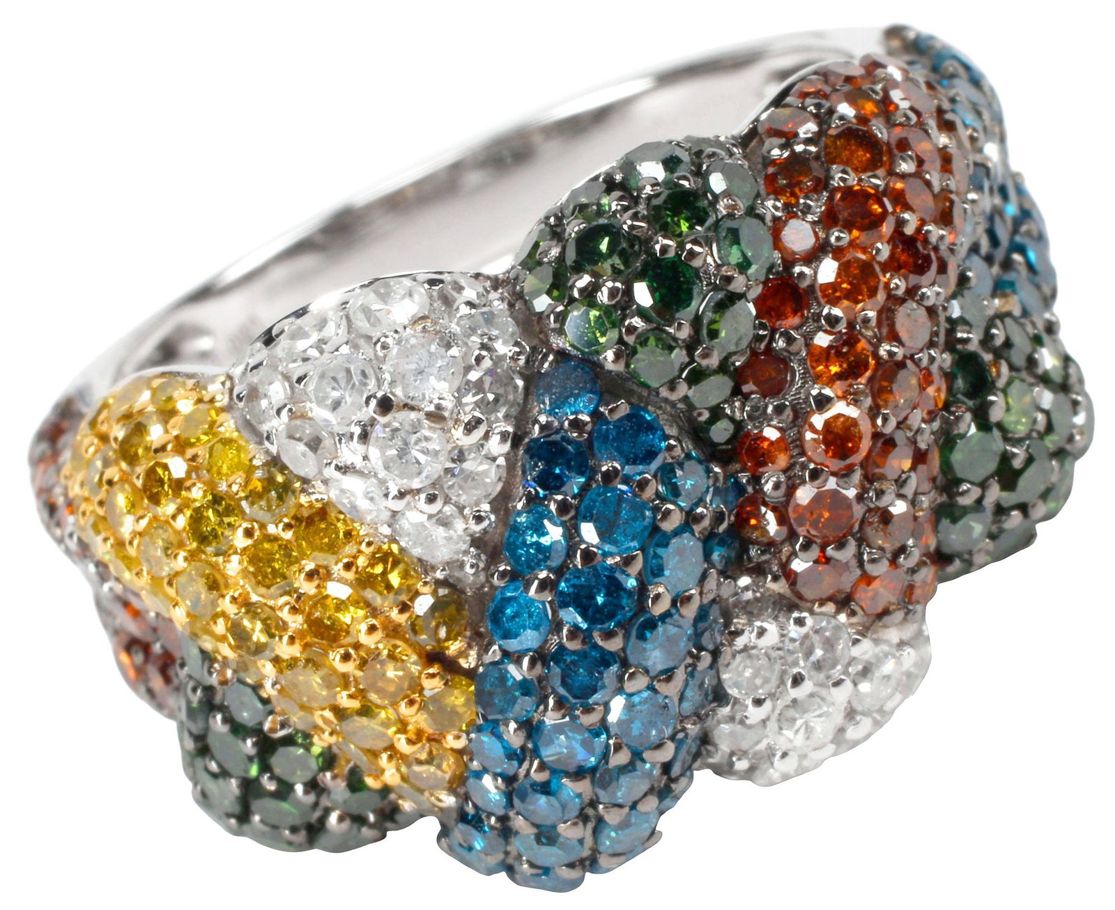 ESTATE 14KT WHITE GOLD & 2.53CTTW MULTICOLOR PAVE-SET DIAMOND KNOT RING: Estate 14kt white gold and diamond knot ring, pave-set with numerous treated multicolor round diamonds, approx 2.20cttw, and approx 0.33cttw, average color: I, average clarity: I, marked14KT 9SQ,