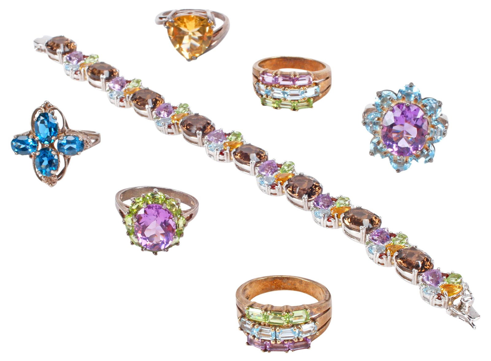 ESTATE STERLING & OTHER MULTI-GEMSTONE JEWELRY GROUP, RINGS & BRACELET (1 of 4)