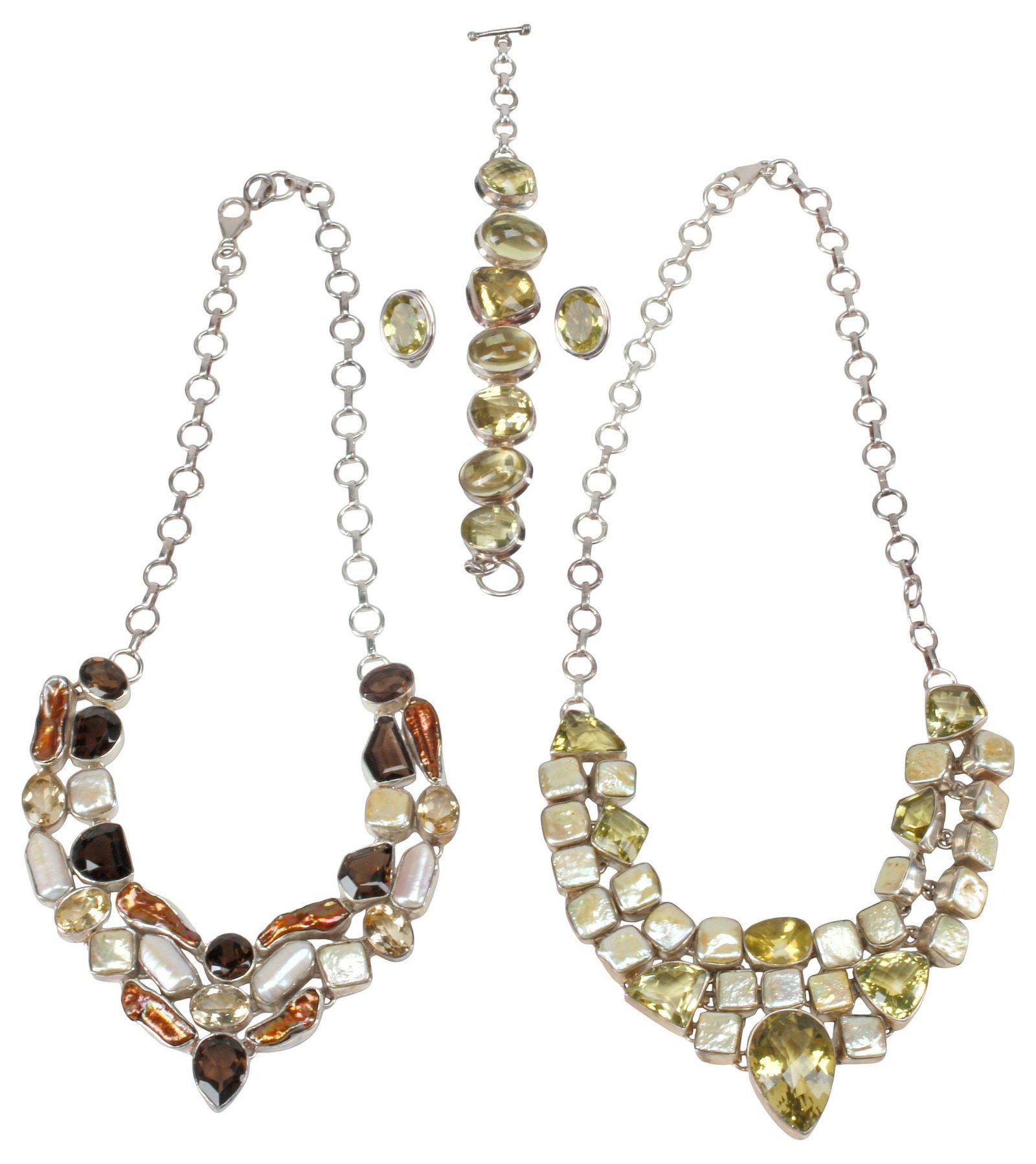 (2) COLLECTION OF STERLING SILVER, QUARTZ & PEARL JEWELRY: (lot of 4) Estate sterling and quartz and pearl silver jewelry group, comprising: (3) lime quartz and pearl jewelry, hallmarked 925, including: (one) collar necklace, bevel set stones, centering facet