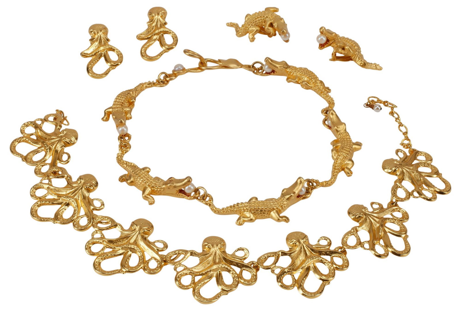 (4) ESTATE GOLD-TONE METAL FIGURAL ALLIGATOR & OCTOPUS JEWELRY SUITES: (lot of 4) Estate gold-tone metal costume jewelry, in two sets, including: (2) featuring Alligators and faux pearls, possibly Mingnon Faget, unsigned, comprising: (one) necklace, with hook clasp, appr