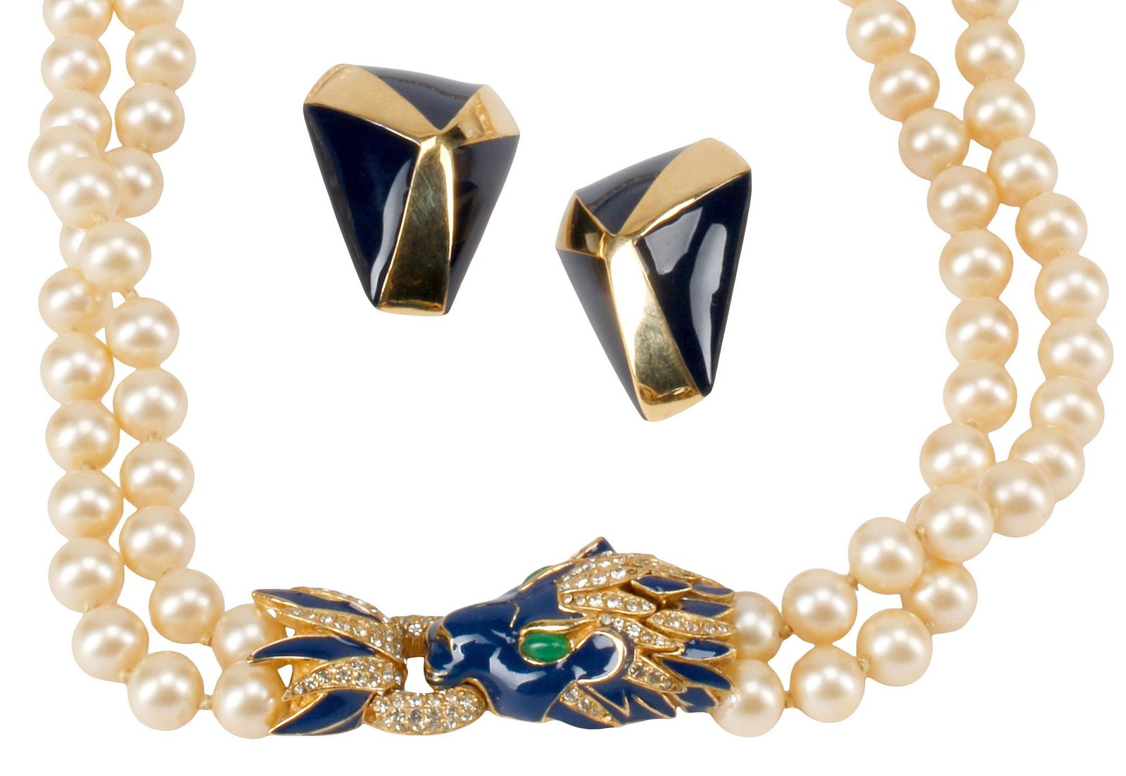 (2) ESTATE CINER ENAMELED JEWELRY FAUX PEARL NECKLACE & EARRINGS: (lot of 2) Estate enameled gold-tone metal costume jewelry, Ciner, including: (1) double-strand faux pearl beaded necklace, with lion head clasp, approx 31"l; (pair) earrings, each of triangular form 