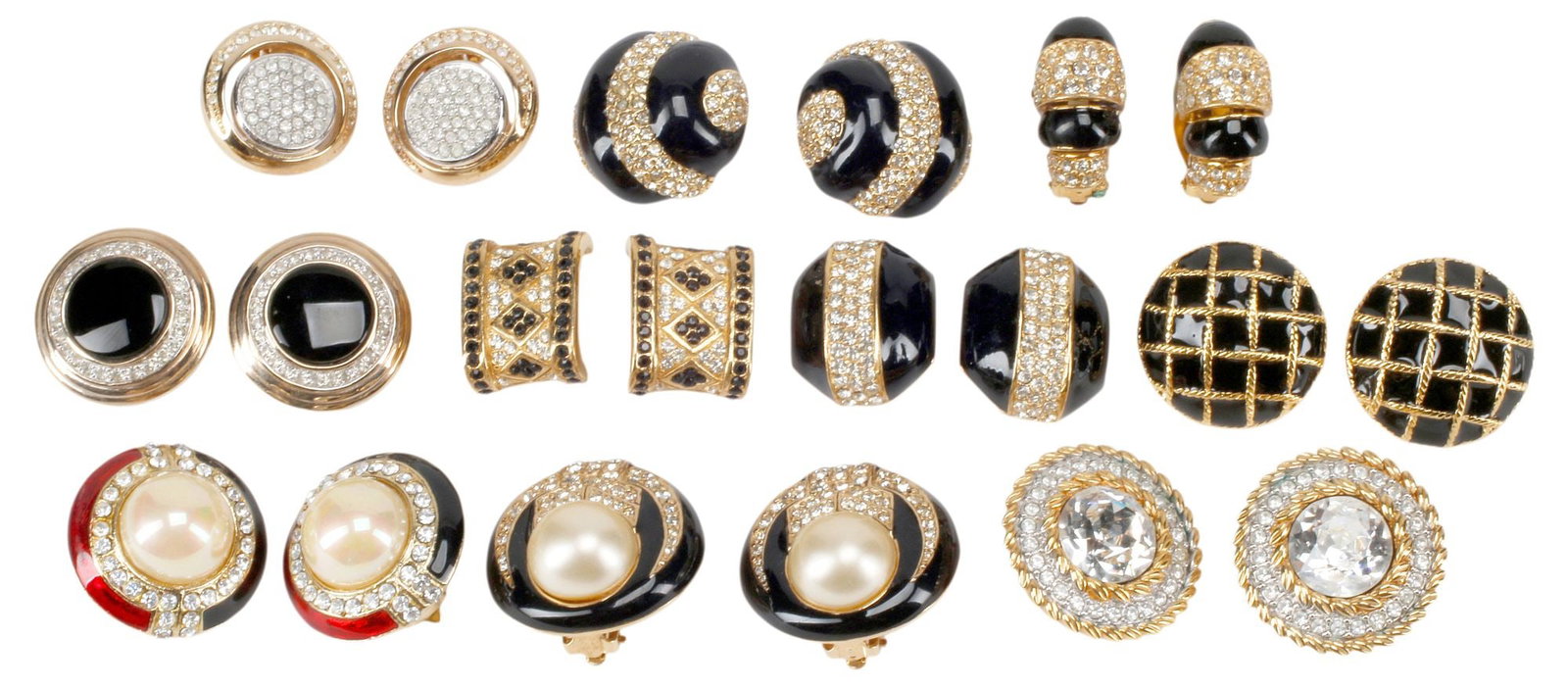 (10 PAIR) VINTAGE ESTATE ENAMELED & RHINESTONE-SET EARRINGS, CINER & MORE: (lot of 10 pairs) Vintage estate enameled gold-tone metal earrings, various designs and makers with Ciner, Panetta, Napier, etc., many with white rhinestones and faux pearls, all clip on, largest: app