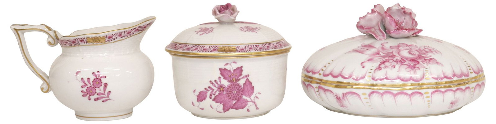 (3) HEREND 'CHINESE BOUQUET RASPBERRY' PORCELAIN TEA ARTICLES & BOWL: (lot of 3) Herend hand-painted porcelain tableware, in the "Chinese Bouquet" pattern, in the Raspberry palette, each with floral sprays and parcel-gilt trim, maker's mark underfoot, including: (1) cre