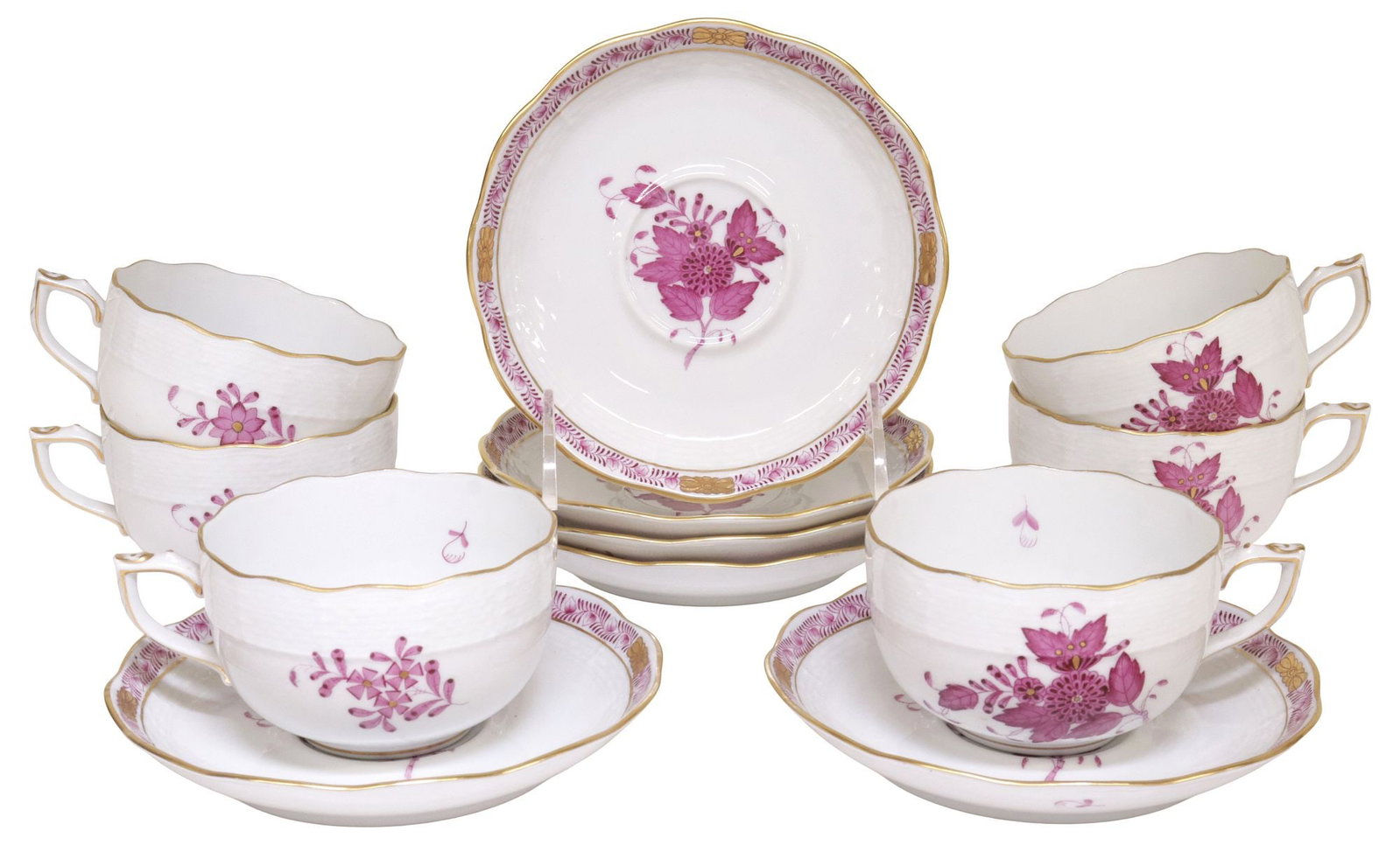 (12) HEREND 'CHINESE BOUQUET RASPBERRY' PORCELAIN TEACUPS & SAUCERS (1 of 5)