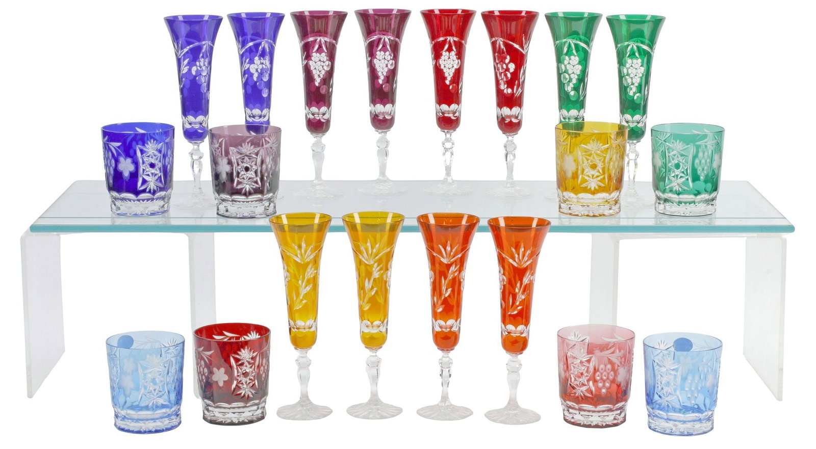 (20) COLLECTION OF COLORED CUT-TO-CLEAR CHAMPAGNE FLUTES & TUMBLERS (1 of 7)