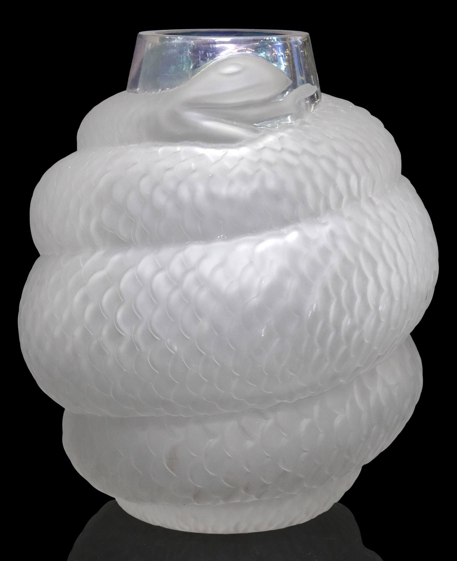STYLE OF RENE LALIQUE FROSTED & MOLDED ART GLASS 'SERPENT' VASE, 12"H: Molded art glass "Serpent" vase, a reproduction after Marcilhac number 896, originally designed in 1924 by Rene Lalique, frosted and clear glass body modeled as a coiled snake, with textural scales, u