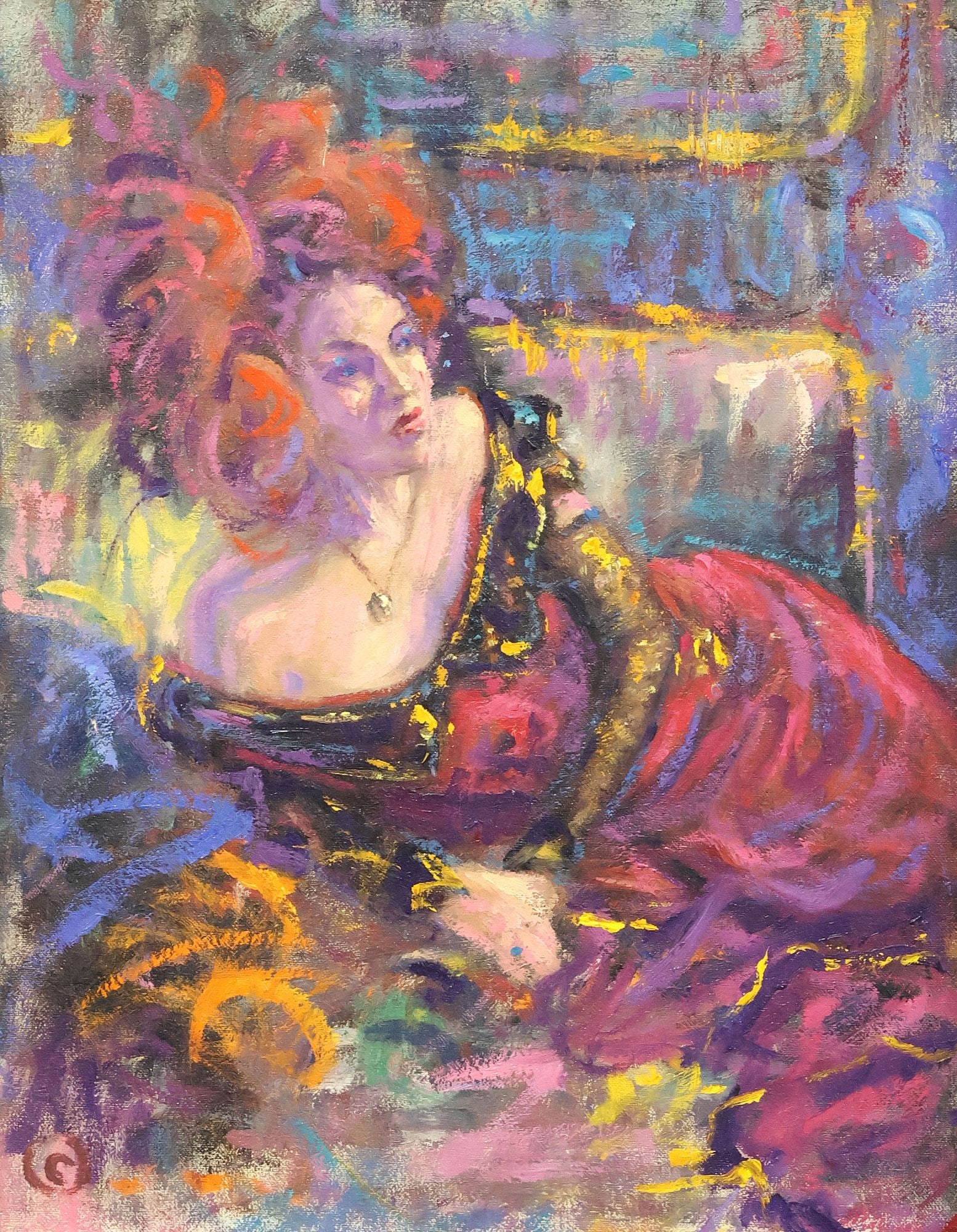 SIGNED OIL PAINTING, EXPRESSIONIST WOMAN RECLINING: Framed oil on canvas painting, Expressionist Woman Reclining in Interior, illegible signature verso, dated (19)90, frame intact with separation to corner seams/splits, sight: approx 17.5"h, 13.5"w, ov
