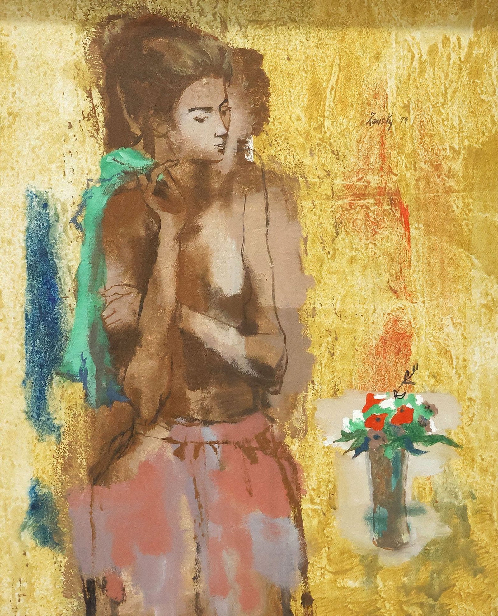 LOU ZANKSY (AMERICAN, 1920-1978) PAINTING, WOMAN WITH FLOWERS: Framed oil on canvas painting, Woman with Flowers, signed upper left Zansky (Lou Zansky, American, 1920-1978), dated [19]74, retaining label on verso "Lou Zansky, US. (a) 1978)," sight: approx 23.5"h,
