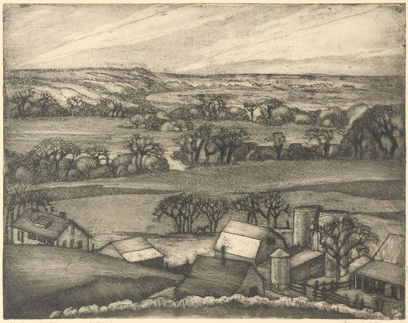 BLANCHE MCVEIGH (AMERICAN, 1895-1970) SIGNED ETCHING, 'THE FARM BELOW': Framed etching on paper, "The Farm Below," pencil signed lower right Blanche McVeigh (Missouri, Texas, 1895-1970), numbered from an edition of 50 prints, titled in pencil lower left, sheet affixed to 