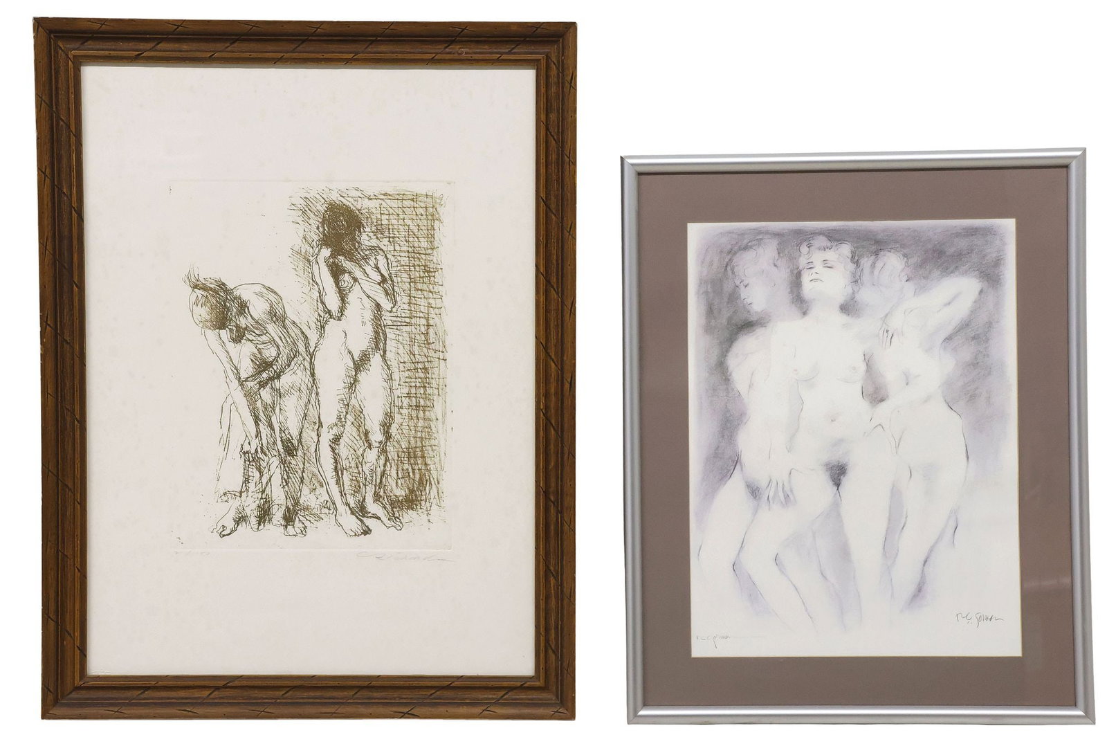 (2) FEMALE NUDE PORTRAITS, ETCHING SIGNED RICHARD & PRINT AFTER R.C. GORMAN: (lot of 2) Framed prints on paper, including: (1) etching, Two Female Bathers, pencil signed lower right Richard (20th c.), numbered 2/ 150, blindstamp lower left, sight: approx 29.5"h, 21.5"w, overal