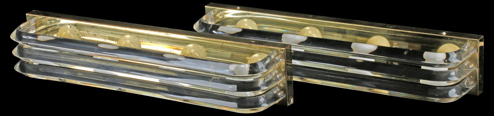 (2) MODERN TUBULAR ACRYLIC & GILT-METAL 4-LIGHT WALL SCONCES: (pair) Modern four-light wall sconces, each having tubular slatted acrylic frame, concealing four lights, gilt-metal wall mount, in need of wiring, approx 4.5"h, 24"w, 5"d, 8lbs total