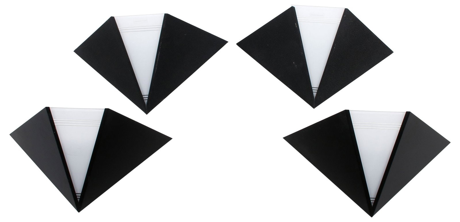 (4) POSTMODERN TRIANGULAR IRON & FROSTED GLASS POCKET WALL SCONCES: (lot of 4) Postmodern triangular pocket wall sconces, each having tapering iron frame centering frosted glass shade, in need of wiring, approx 7"h, 14"w, 5.5"d, 9.5lbs