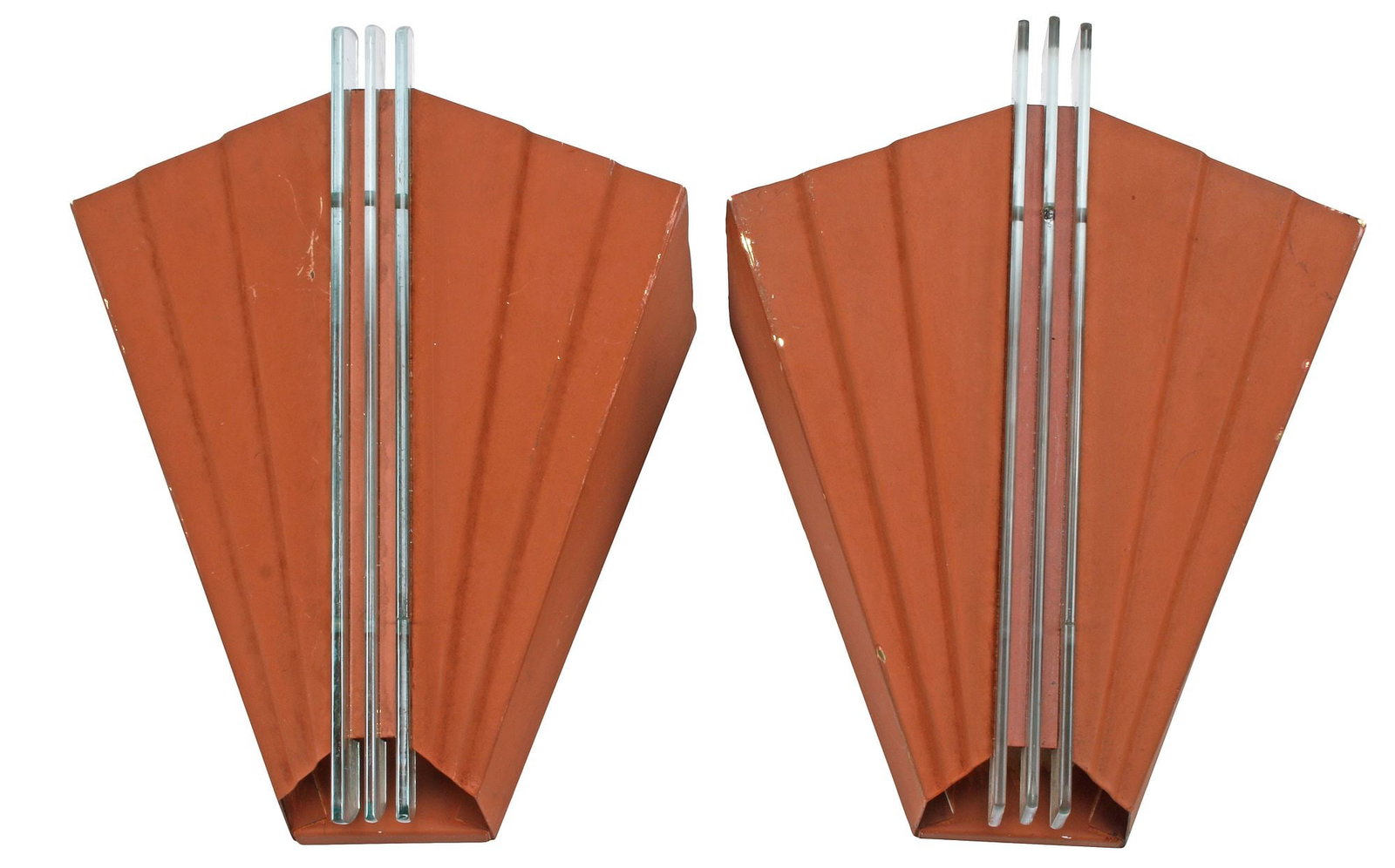 (2) ART DECO STYLE STEPPED TOLE & GLASS 2-LIGHT WALL SCONCES: (pair) Art Deco style tole and glass two-light wall sconces, each having tapering stepped frame, centering three vertical bars, in need of wiring, approx 13"h, 11"w, 6"d, 9.25lbs total