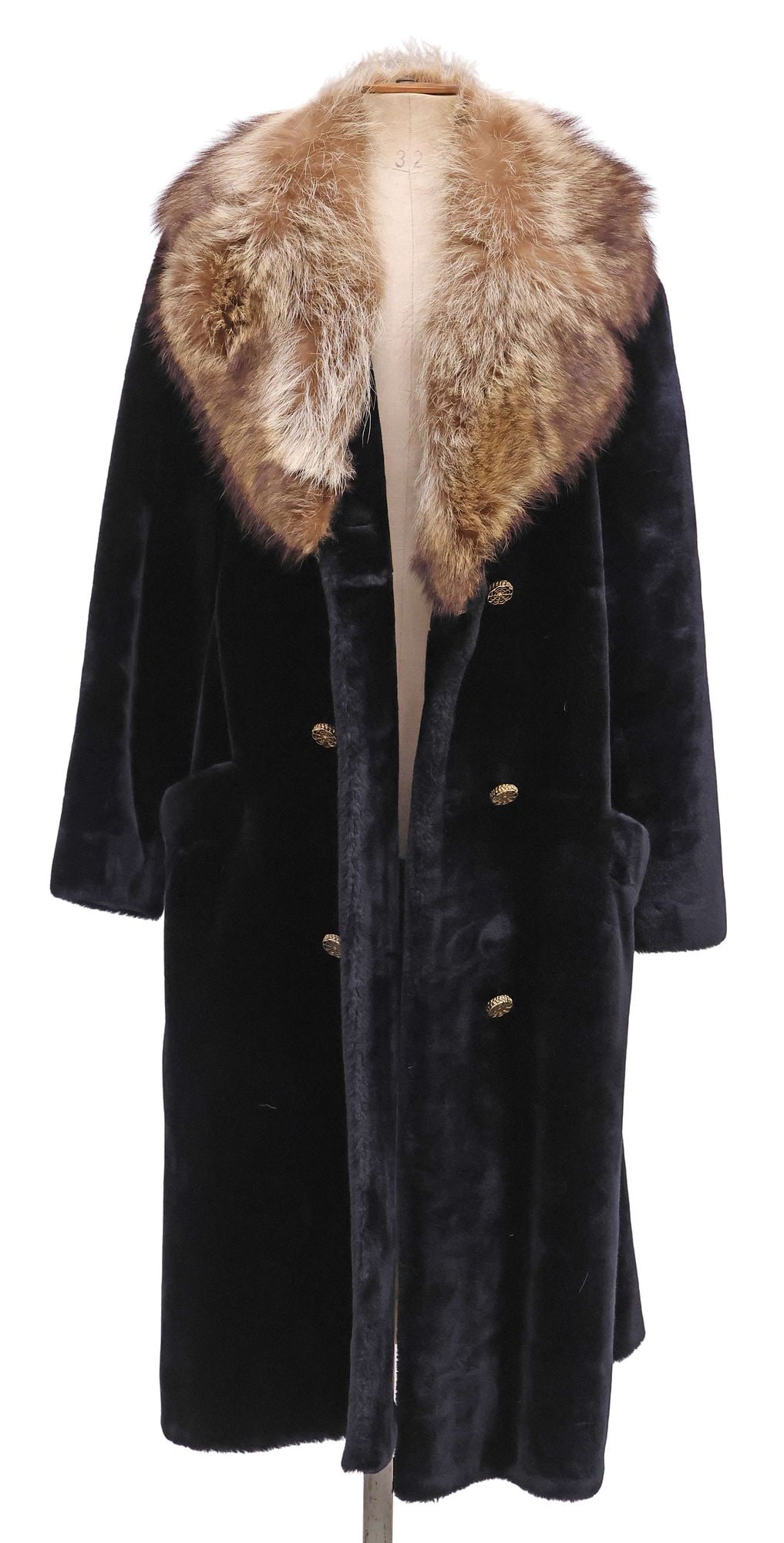 MICHEL DANIEL LADIES DESIGNER COAT W/ FUR COLLAR: Ladies designer faux fur coat, Michel Daniel, Paris, having genuine fur collar, gilt metal floral buttons on both sides with two exterior lined pockets, satin-lined interior, marked size 16, shoulder: