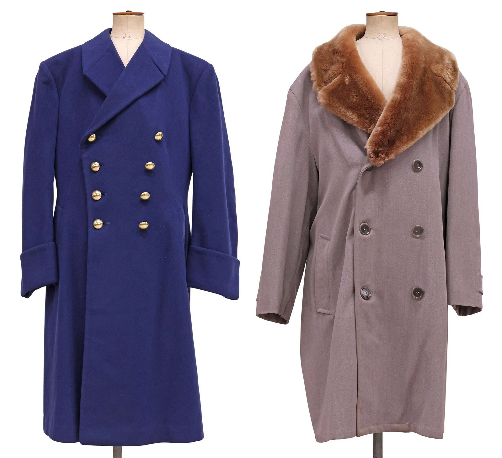 (2) GENT'S FRENCH MILITARY STYLE & DESIGNER FAUX FUR TRENCH COATS: (lot of 2) Gent's coats, including: (1) UGECO Nantes 1969 wool coat, in the style of a French military double-breasted greatcoat, with eight gilt-metal buttons, stamped Bachler Chateaudun 25mm on reve