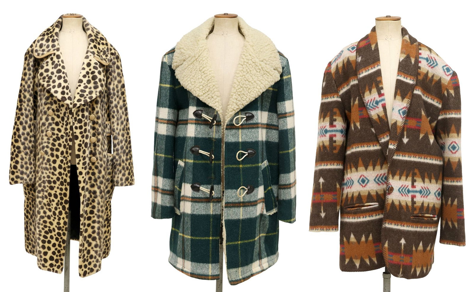 (3) LADIES VINTAGE COATS, SOUTHWEST STYLE, LEOPARD PRINT & PLAID: (lot of 3) Vintage ladies coats, including (1) Southwest-style geometric blazer, single-button closure and satin-lined interior, shoulder: approx 19"w, chest: approx 20"w, sleeve: approx 23"l,