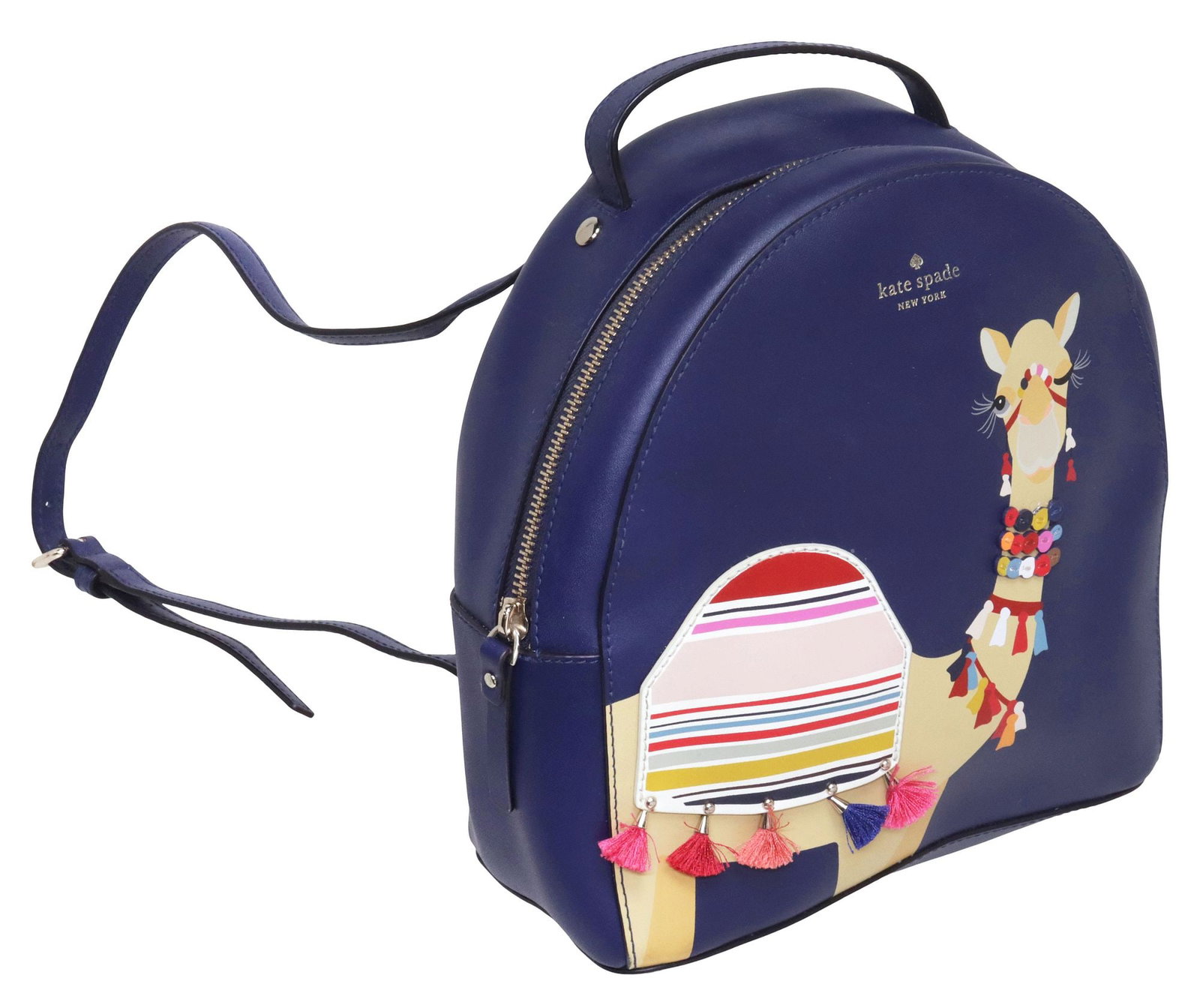 DESIGNER KATE SPADE 'SPICE THINGS UP CAMEL SAMMI' BACKPACK: Designer novelty "Spice Things Up Camel Sammi" backpack, Kate Spade, winking camel design with beaded and tassel embellishments, dual adjustable straps, interior lined with jacquard lining, fitted
