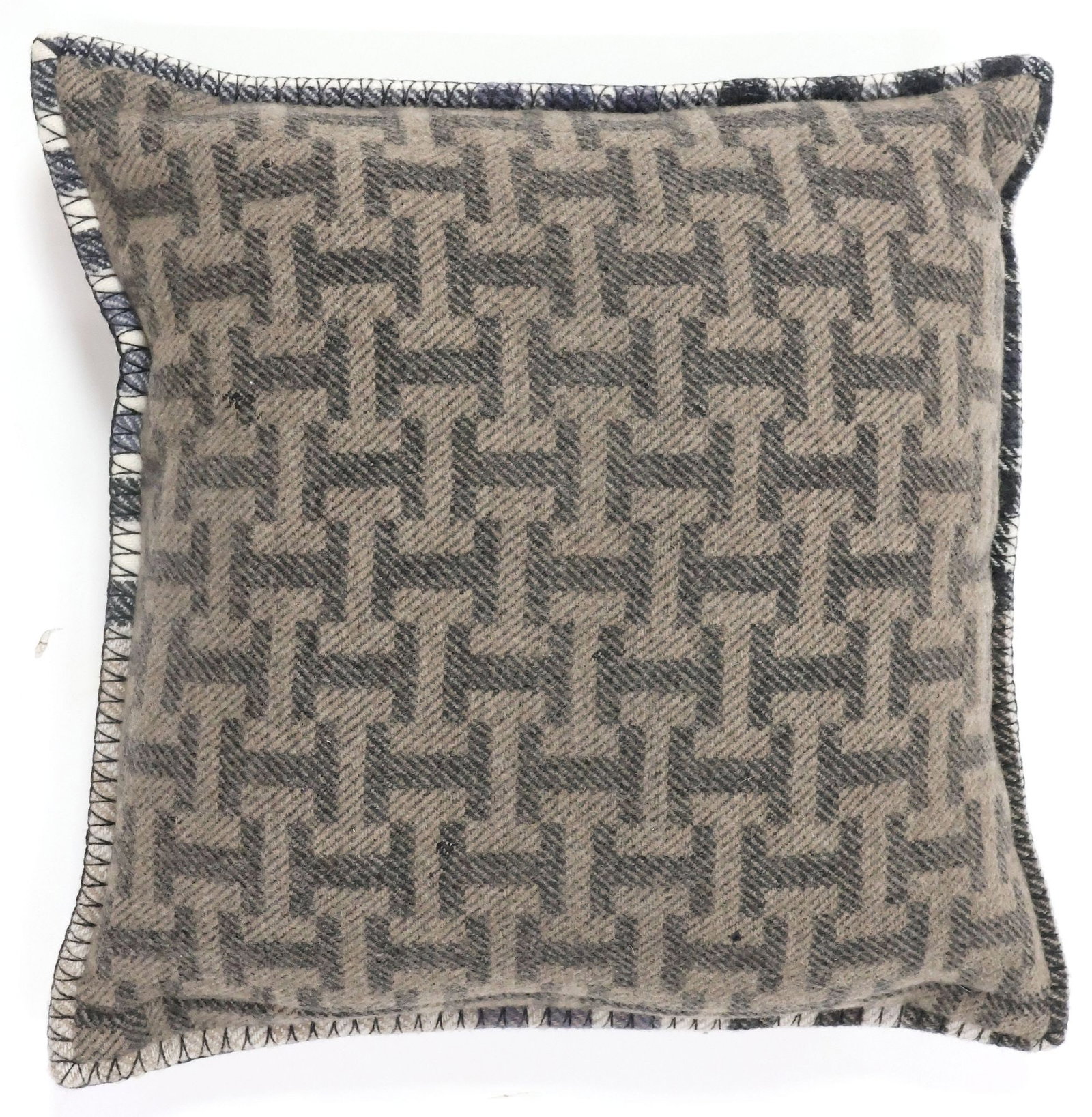 DESIGNER HERMES 'ESCAPADE' WOOL PLAID & GREEK KEY THROW PILLOW: Designer wool throw pillow, Hermes, in the "Escapade" pattern, in neutral plaid and two-tone Greek key patterned upholstery, with whip-stitched edges, zip closure, maker's label at interior, small
