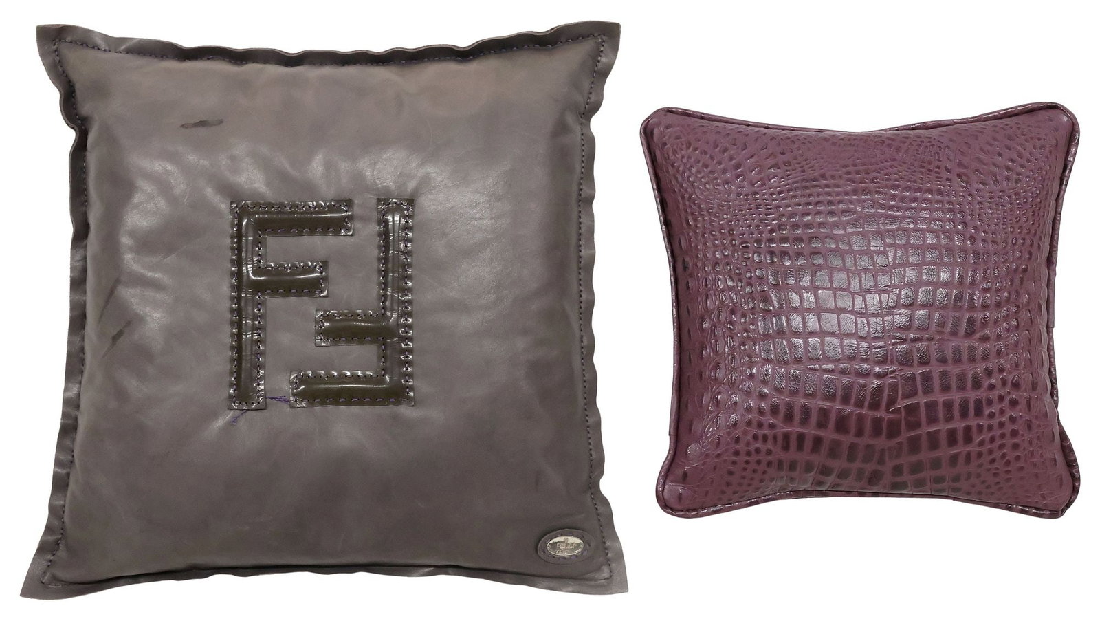 (2) LEATHER THROW PILLOWS, DESIGNER FENDI SELLERIA & OTHER CROC-EMBOSSED (1 of 5)
