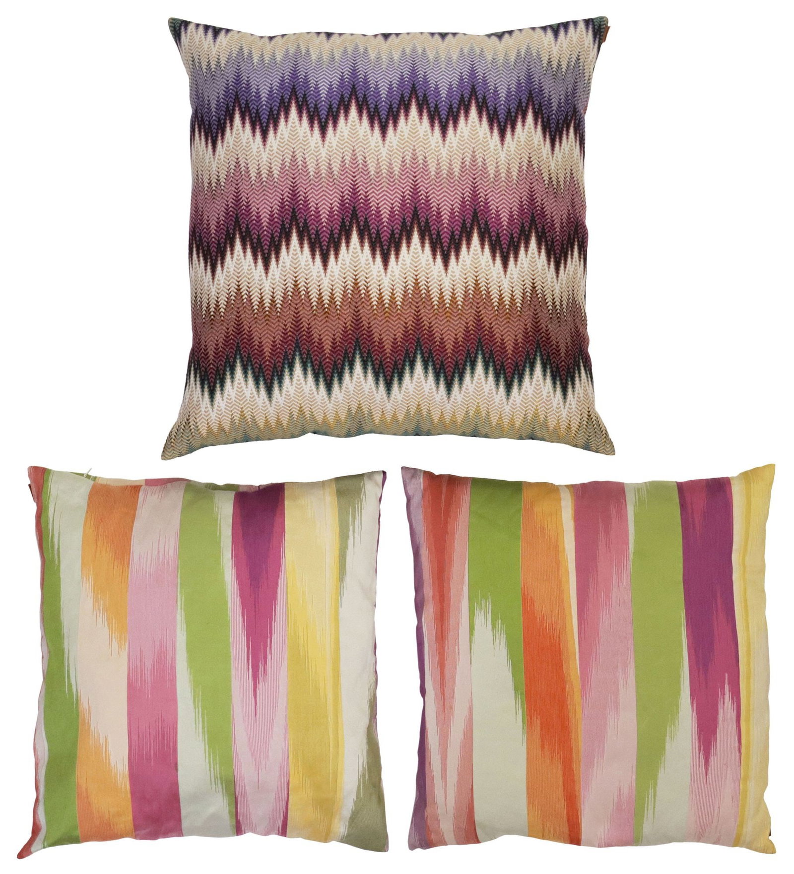 (3) MISSONI HOME FOR ROCHE BOBOIS 'MAH JONG' DESIGNER THROW PILLOWS: (lot of 3) Designer down-filled throw pillows, Missoni Home for Roche Bobois, from the "Mah Jong" collection, each with zip closure and maker's tag at exterior, including: (2) in striped upholstery, a
