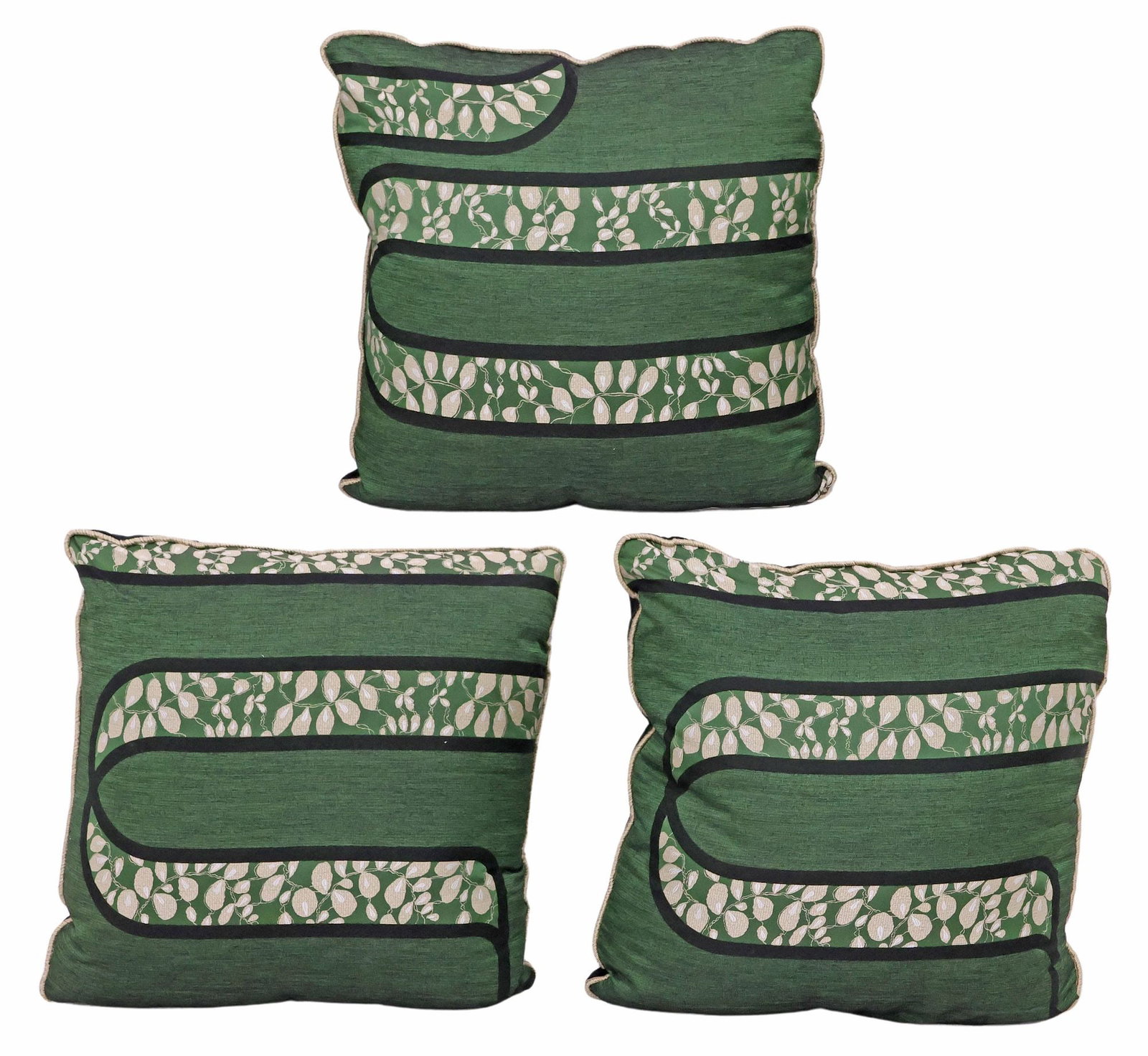 (3) DESIGNER METAMORPHES (ATTRIB.) JACQUARD DOWN-FILLED THROW PILLOWS: (lot of 3) Contemporary custom down-filled throw pillows, each in green foliate-patterned designer jacquard upholstery, attributed to La Maison Metaphores, in the "Lutetia Veronese" pattern, from the 