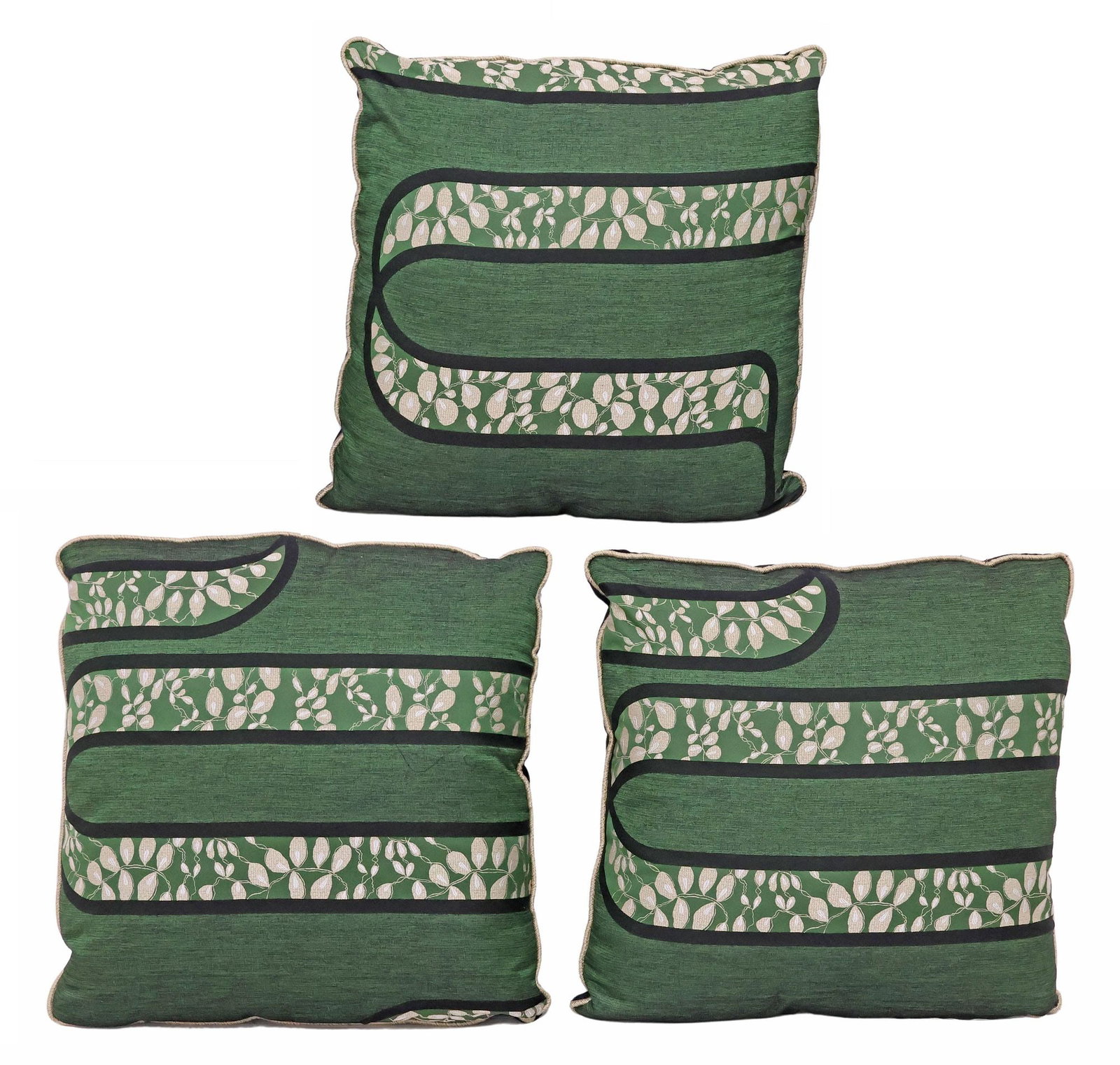 (3) DESIGNER METAPHORES (ATTRIB.) JACQUARD DOWN-FILLED THROW PILLOWS: (lot of 3) Contemporary custom down-filled throw pillows, each in green foliate-patterned designer jacquard upholstery, attributed to La Maison Metaphores, in the "Lutetia Veronese" pattern, from the 