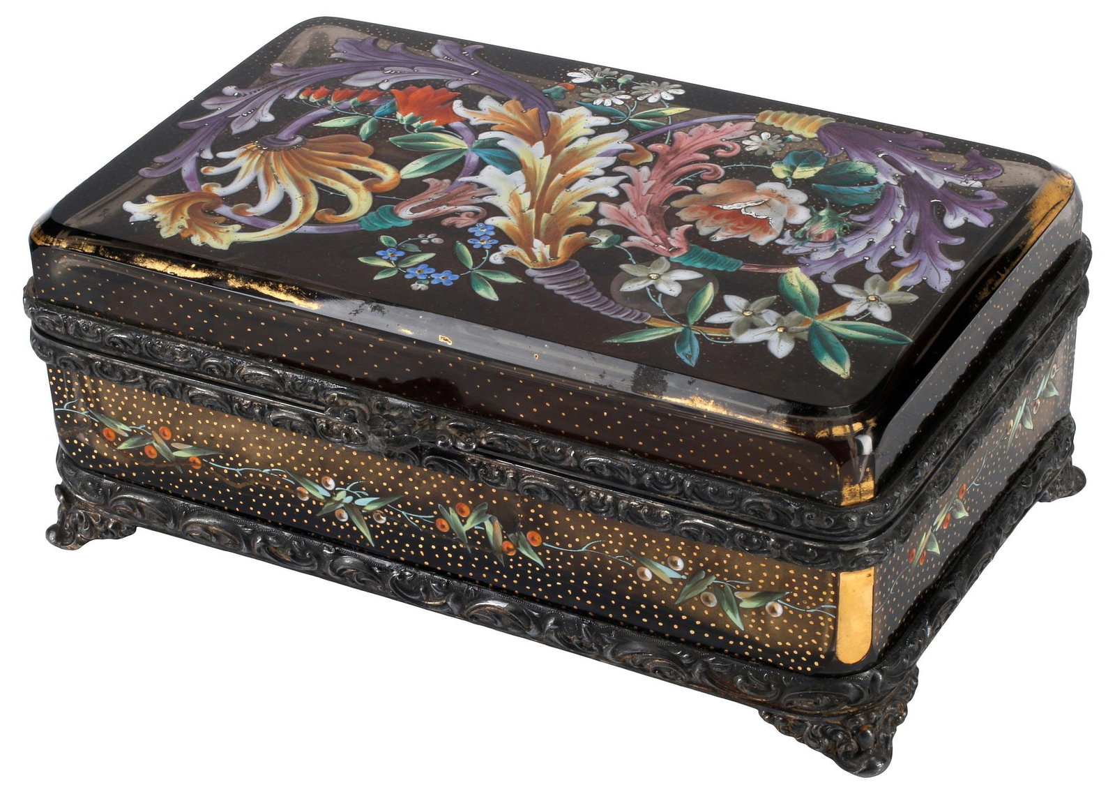 MERIDEN BRITANNIA CO. SILVERPLATE & ENAMELED GLASS TABLE BOX: American enameled glass and silverplate table box, Meriden Britannia Company, having hinged rectangular case with polychrome scrolling foliate sprays, rising on shaped feet, maker's mark at trim, appr